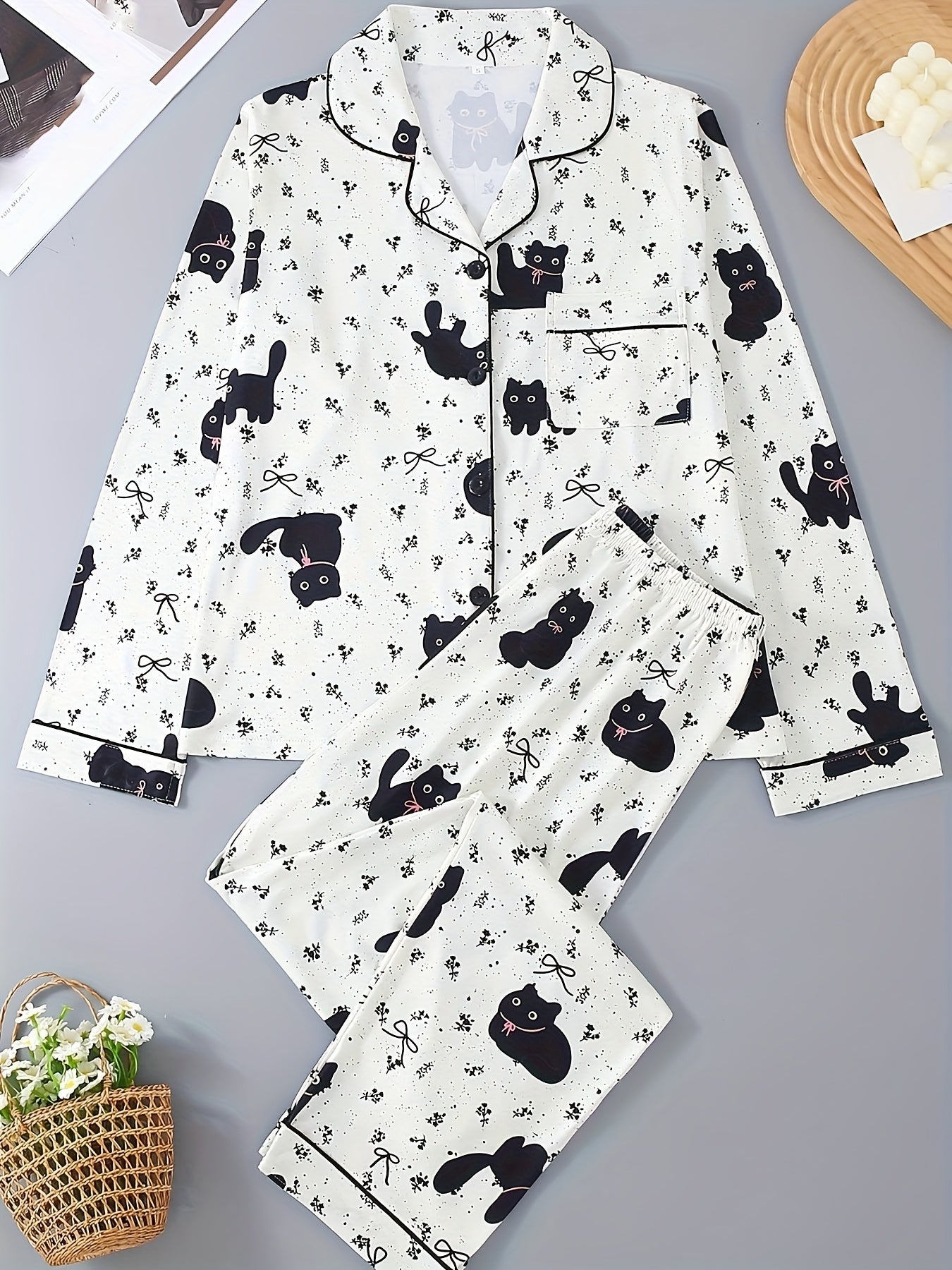Black Cat Pattern Pajama Set, Top with Pants, Cute Cartoon, Collared with Buttons Loose Comfortable for Home Wear