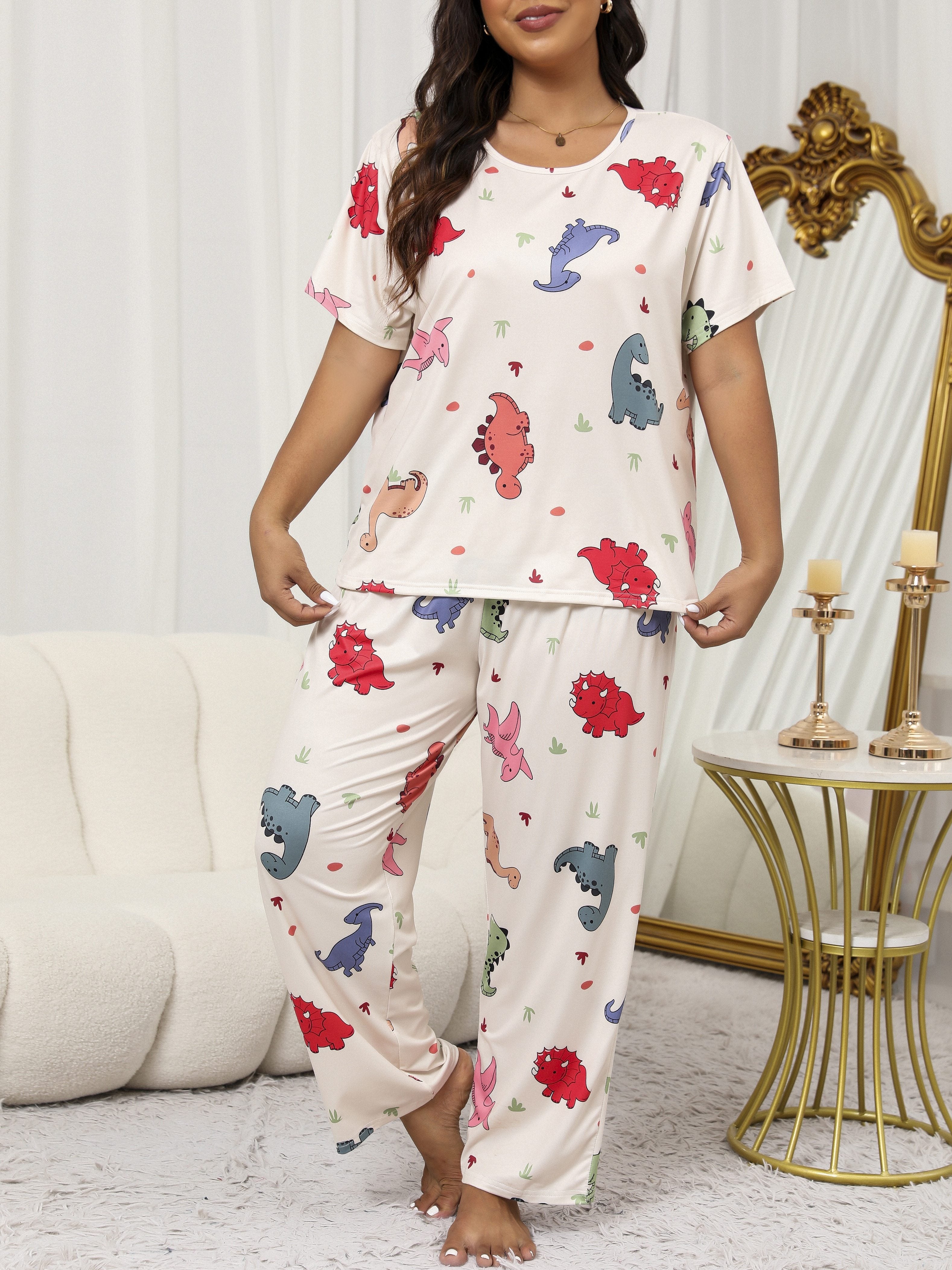 [3pcs Casual Dinosaur Pajama Set] Large Size Pajamas for Women, Casual Short Sleeve Long Pants, Cute Cartoon Dinosaur Print with Eye Mask, 3pcs Pajama Set
