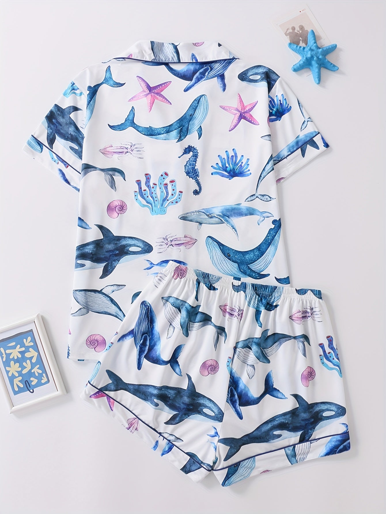 [Playful Pajama Set] Elegant Women's Ankle-High Pajama Set | Ocean and Whale Print, Comfortable Shorts, All-Season Pocket Detail, Playful Design, Pocketed Set