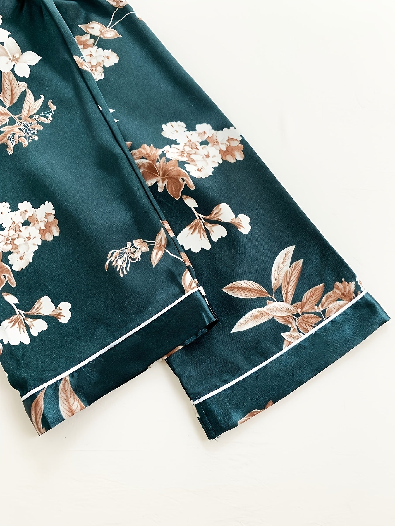 [Classical Floral Pajamas] 3pcs Set Satin Classical Floral Pajamas | Women's Short Sleeve Stand Up Collar Top, Shorts & Long Pants - Home Wear Three Piece Set