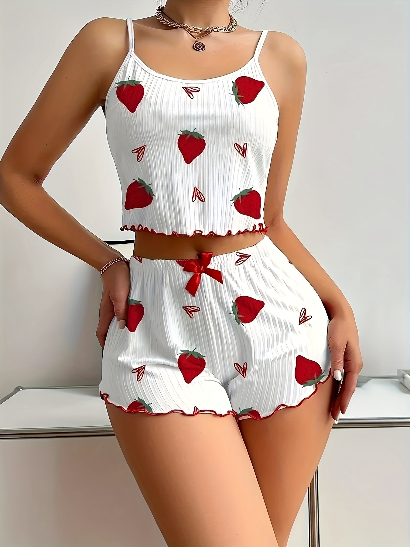 Women'S Strawberry Print Sexy Lace Trim Pajama Set with Round Neck, Thin Strap Top and Bow Accessory Shorts, Comfortable Loose Fit Summer Sleepwea