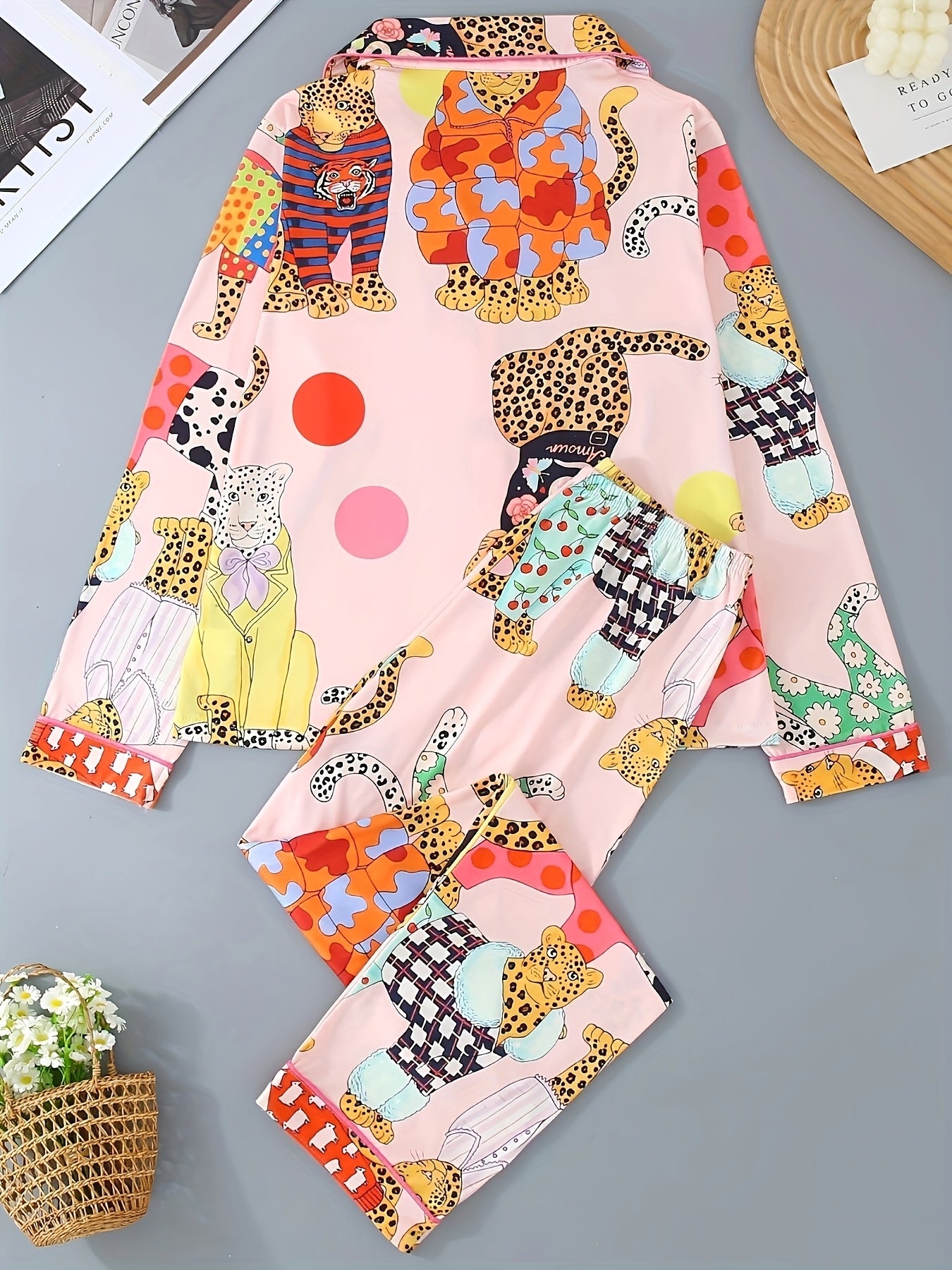 Women's Colorful Leopard and Cartoon Print Pajama Set - Long Sleeve Button-Up Collared Top and Pants, Casual Comfortable Loose Fit, All-Season Cozy Loungewear, Ladies Pajama Sets
