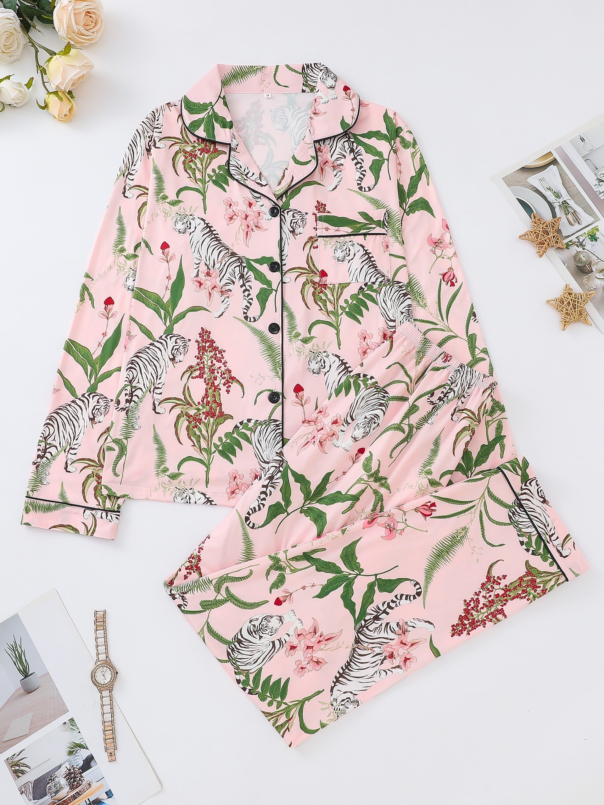 Women's Tiger & Plant Print Casual Pajama Set, Long Sleeve Buttons Lapel Top & Pants, Comfortable Relaxed Fit For Fall