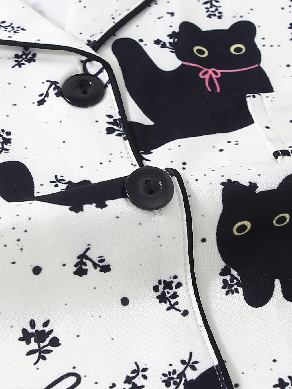 Black Cat Pattern Pajama Set, Top with Pants, Cute Cartoon, Collared with Buttons Loose Comfortable for Home Wear