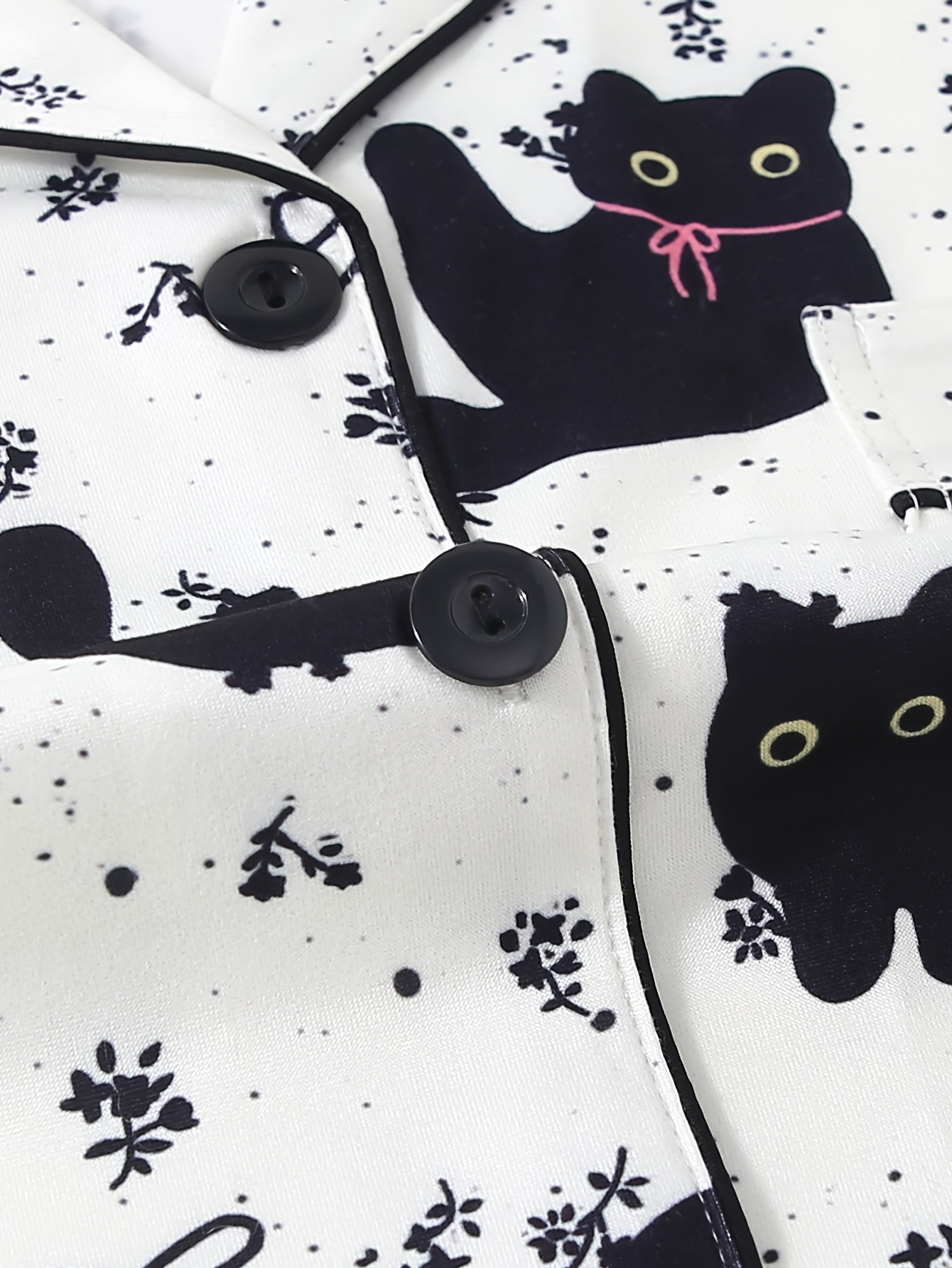 Black Cat Pattern Pajama Set, Top with Pants, Cute Cartoon, Collared with Buttons Loose Comfortable for Home Wear