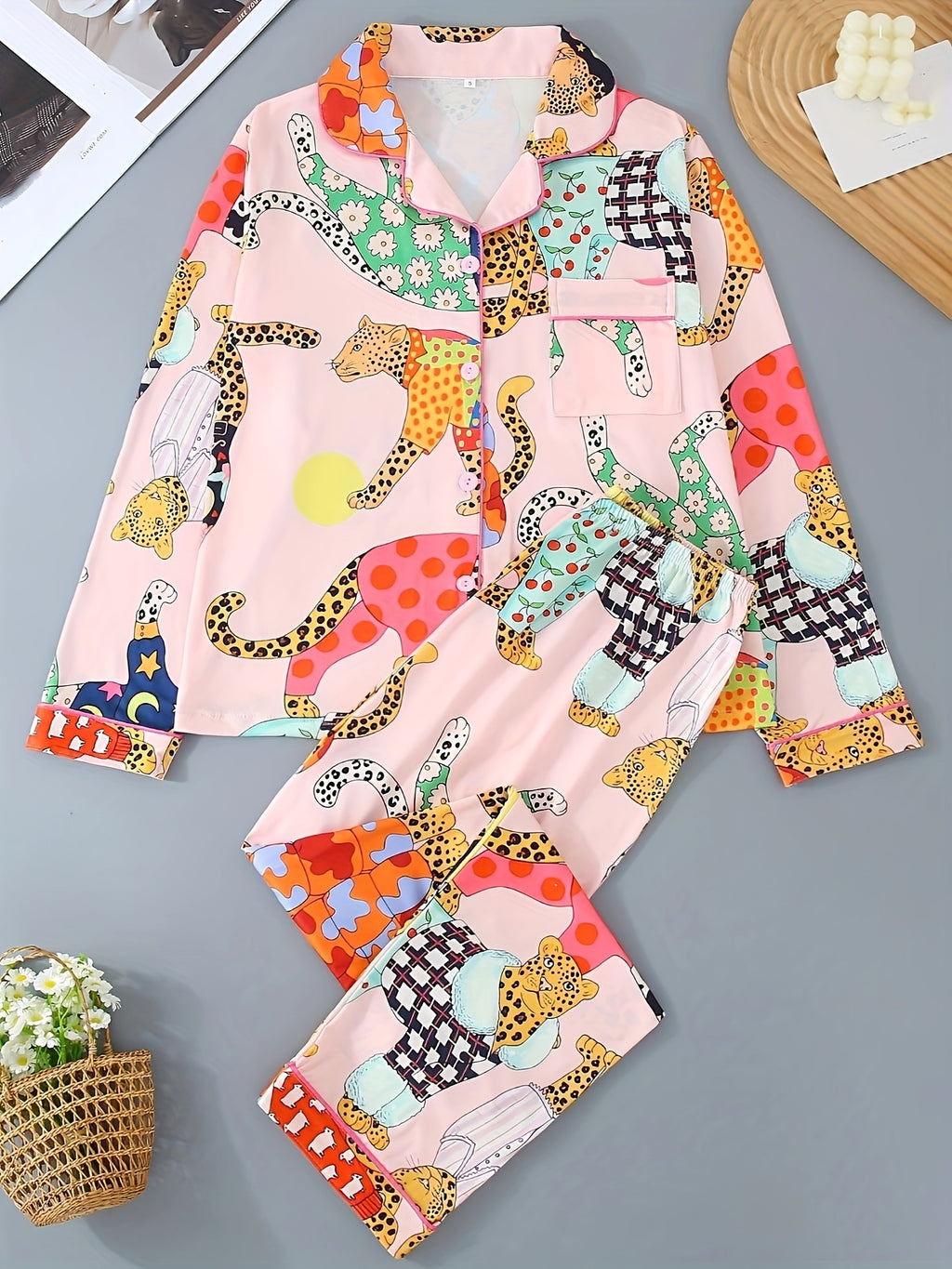 Women's Colorful Leopard and Cartoon Print Pajama Set - Long Sleeve Button-Up Collared Top and Pants, Casual Comfortable Loose Fit, All-Season Cozy Loungewear, Ladies Pajama Sets