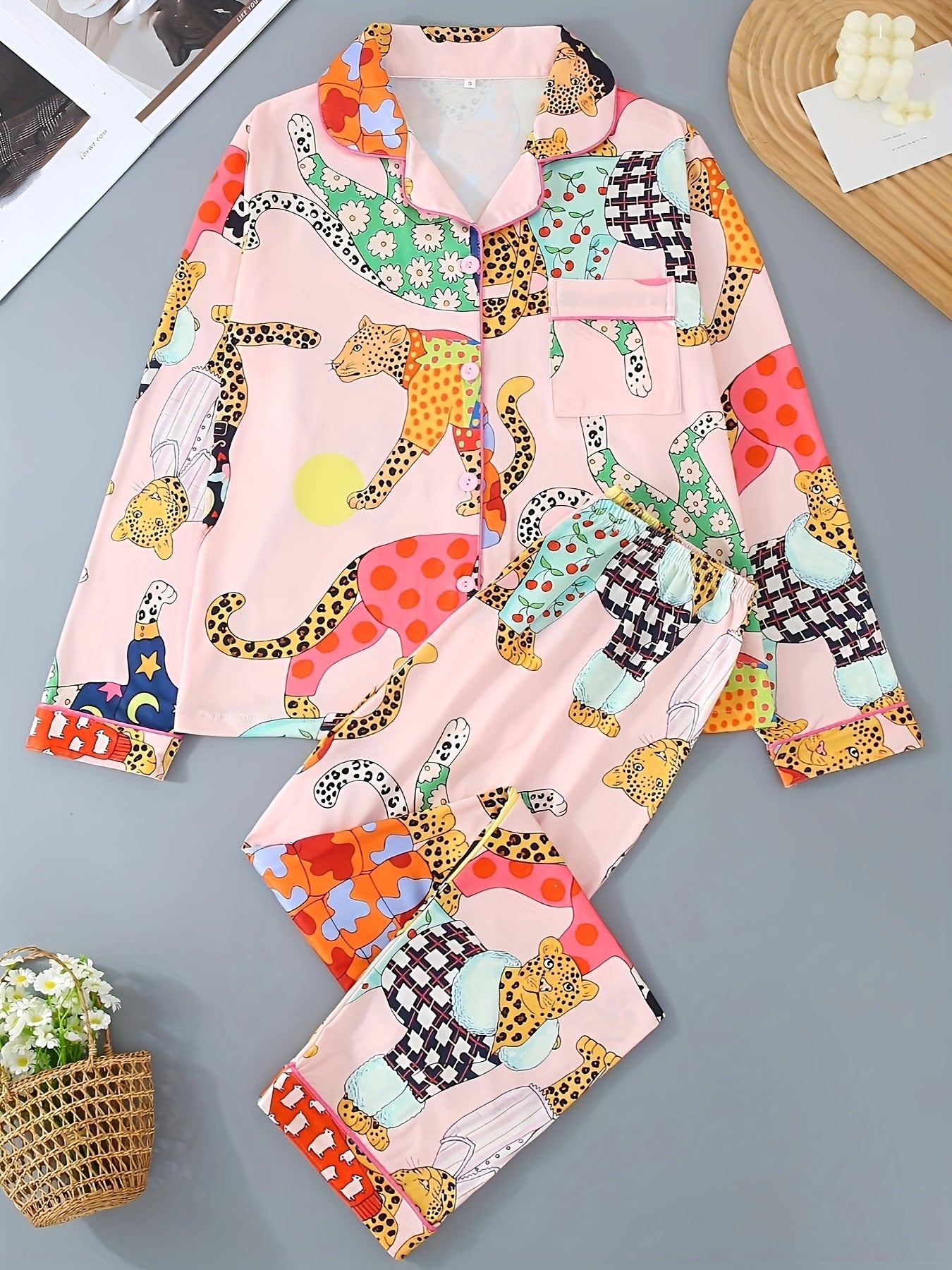 Women's Colorful Leopard and Cartoon Print Pajama Set - Long Sleeve Button-Up Collared Top and Pants, Casual Comfortable Loose Fit, All-Season Cozy Loungewear, Ladies Pajama Sets