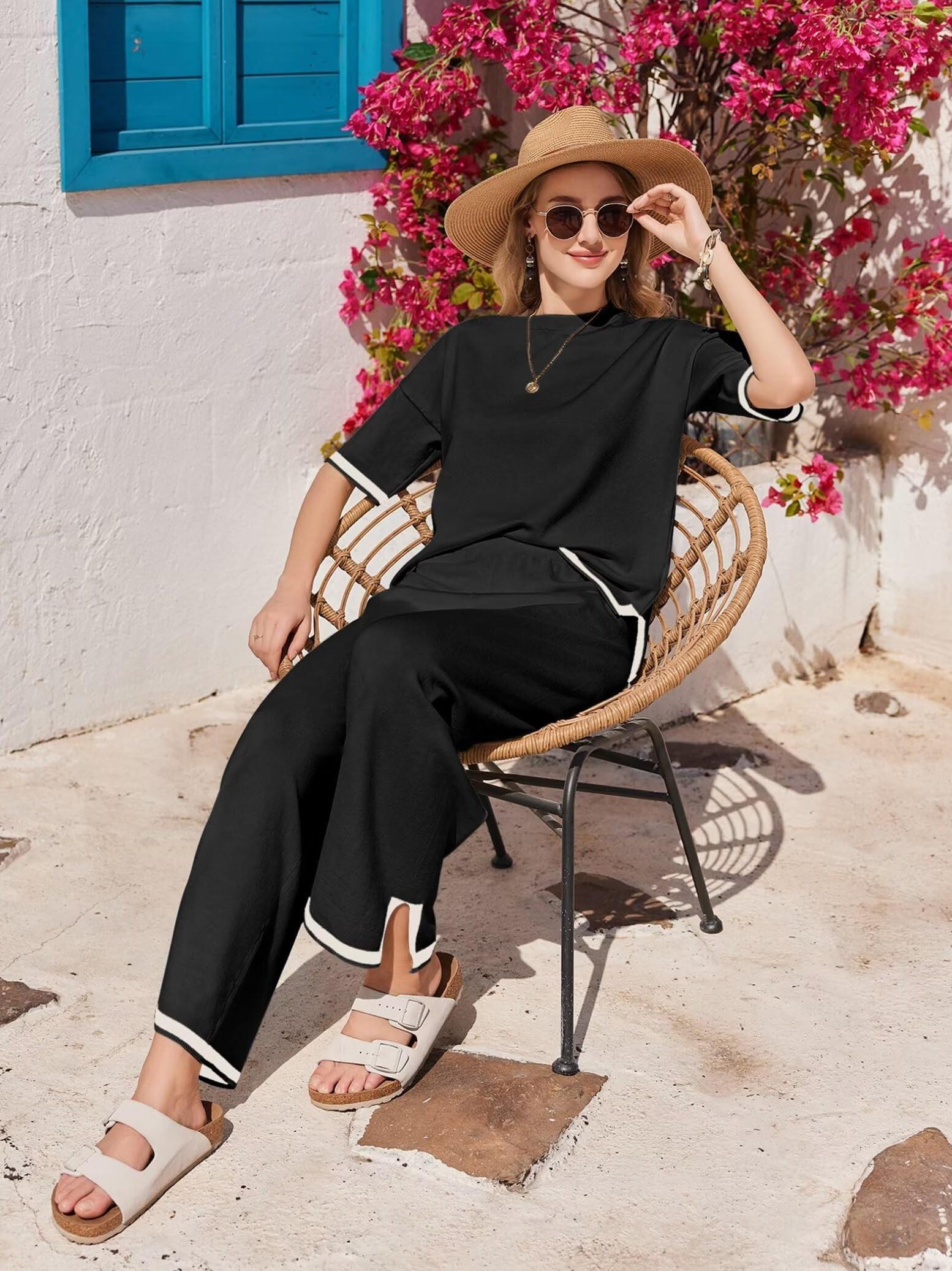 2 Piece Comfortable Knit Lounge Sets for Women - Short Sleeve Pullover Tops Wide Leg Pants Casual Sweater Sets Tracksuits