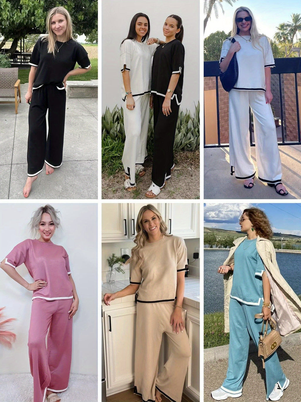2 Piece Comfortable Knit Lounge Sets for Women - Short Sleeve Pullover Tops Wide Leg Pants Casual Sweater Sets Tracksuits