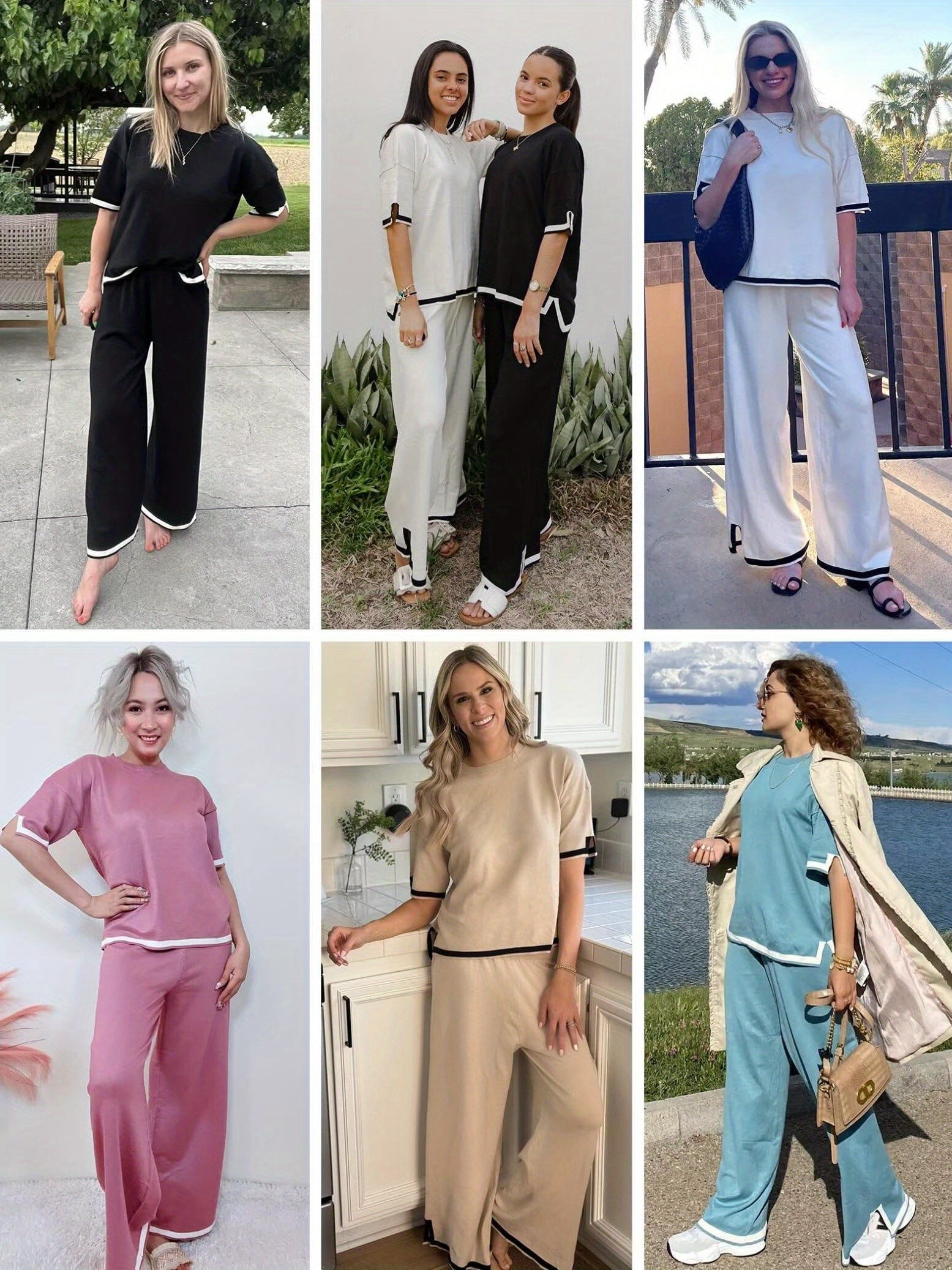 2 Piece Comfortable Knit Lounge Sets for Women - Short Sleeve Pullover Tops Wide Leg Pants Casual Sweater Sets Tracksuits