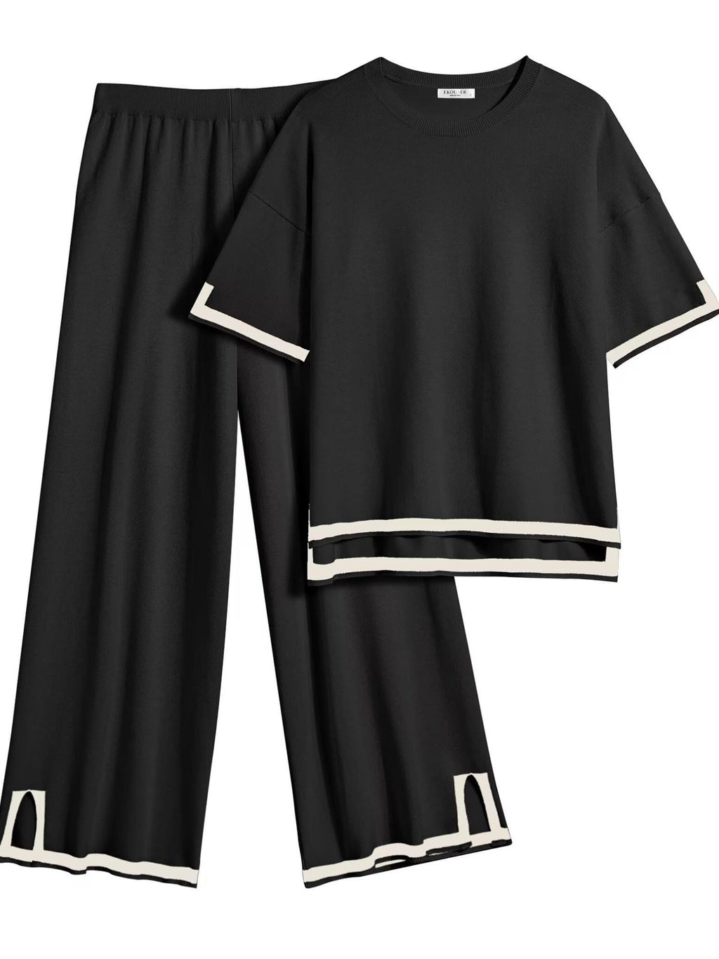 2 Piece Comfortable Knit Lounge Sets for Women - Short Sleeve Pullover Tops Wide Leg Pants Casual Sweater Sets Tracksuits
