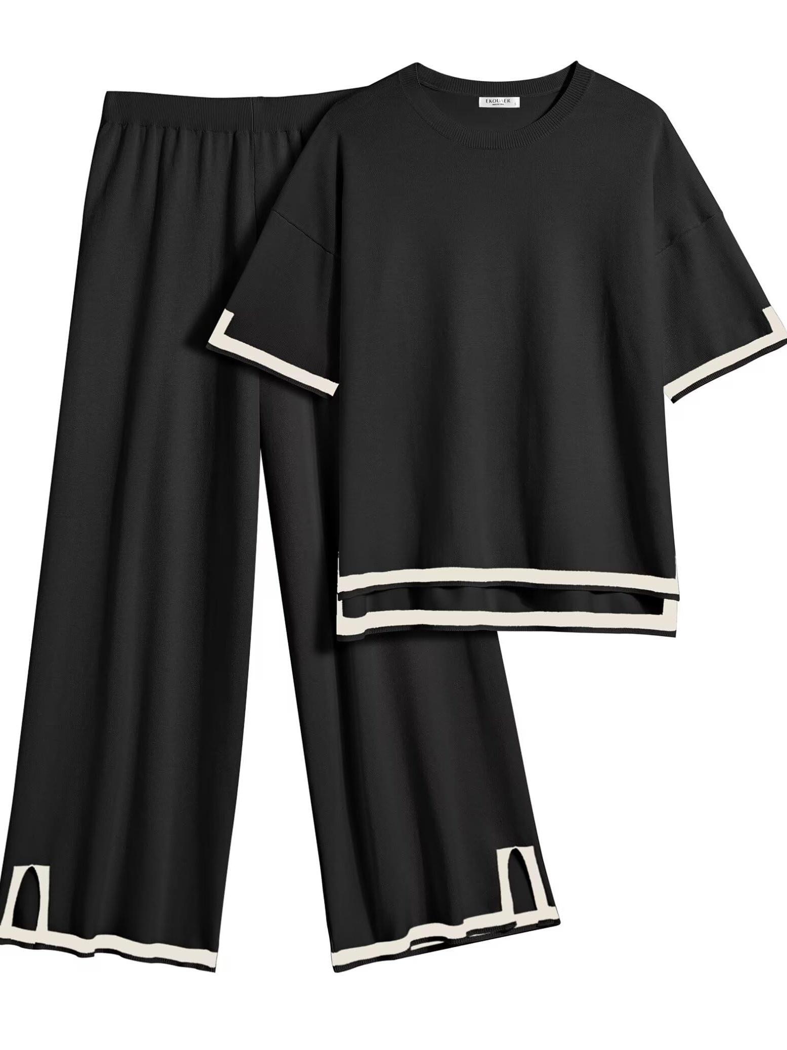 2 Piece Comfortable Knit Lounge Sets for Women - Short Sleeve Pullover Tops Wide Leg Pants Casual Sweater Sets Tracksuits