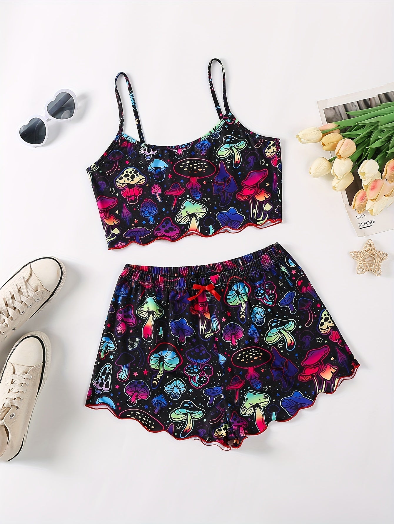 Vibrant Mushroom Print Pajama Set for Women - Relaxed Fit, Round Neck, Backless Crop Cami Top, Shorts, Soft Fabric, Breathable, Comfortable, Sexy, Sleepwear for a Good Night's Rest