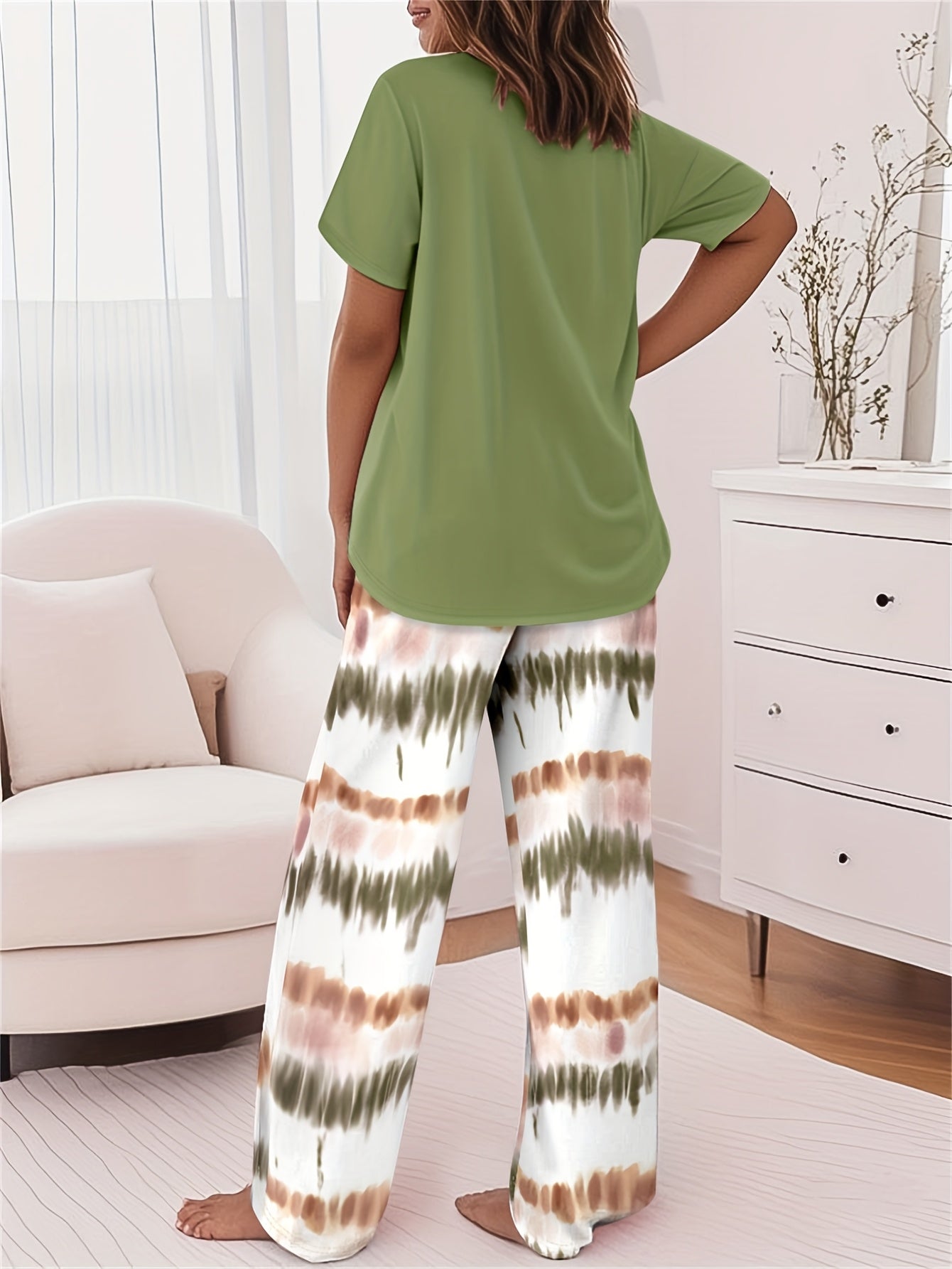2pcs Printed Round Neck Short Sleeve Set, Gradient Printed Loose Pants, Women's Summer Pajama Set, Breathable Pure Home Clothing Two-piece Set.