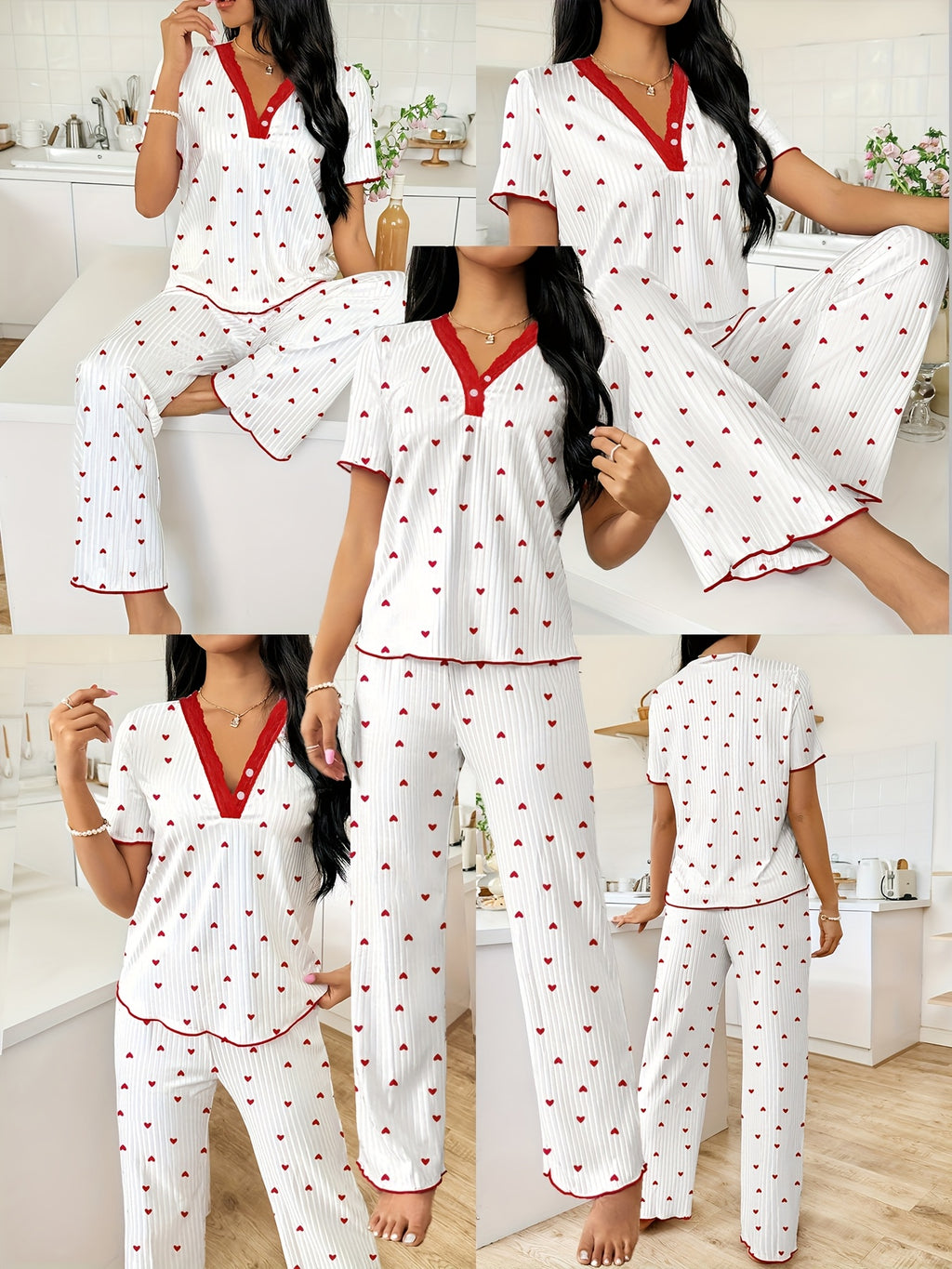 Valentine'S Day Heart Cherry Style Elegant Pajama Set - Soft V-Neck Lace-Trimmed Top, Casual Long Pants, Machine Washable, Heart-Themed Women'S Comfortable Sleepwear.