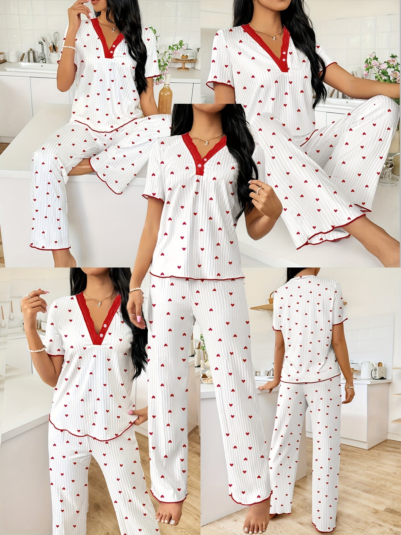 Valentine'S Day Heart Cherry Style Elegant Pajama Set - Soft V-Neck Lace-Trimmed Top, Casual Long Pants, Machine Washable, Heart-Themed Women'S Comfortable Sleepwear.