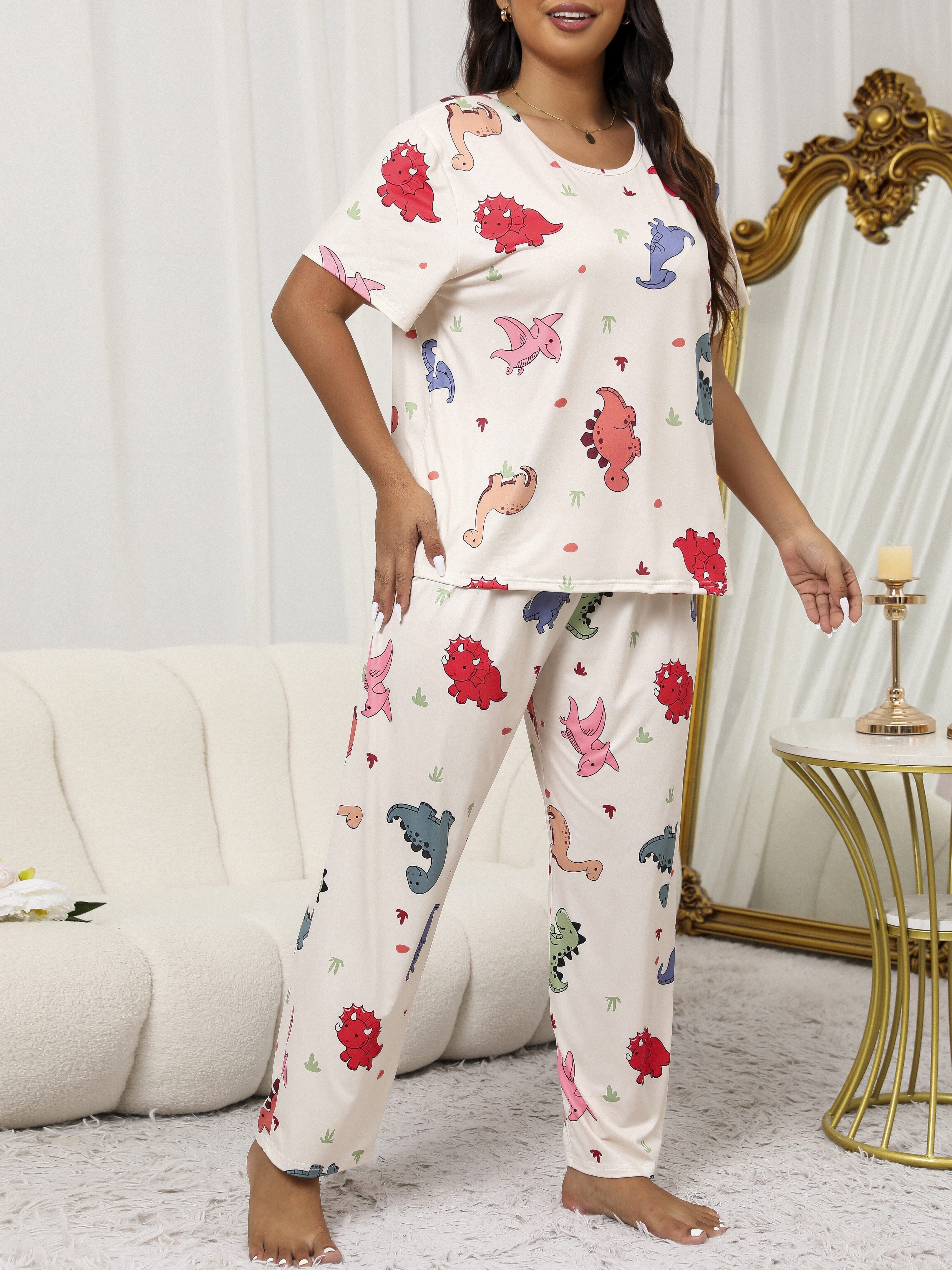 [3pcs Casual Dinosaur Pajama Set] Large Size Pajamas for Women, Casual Short Sleeve Long Pants, Cute Cartoon Dinosaur Print with Eye Mask, 3pcs Pajama Set