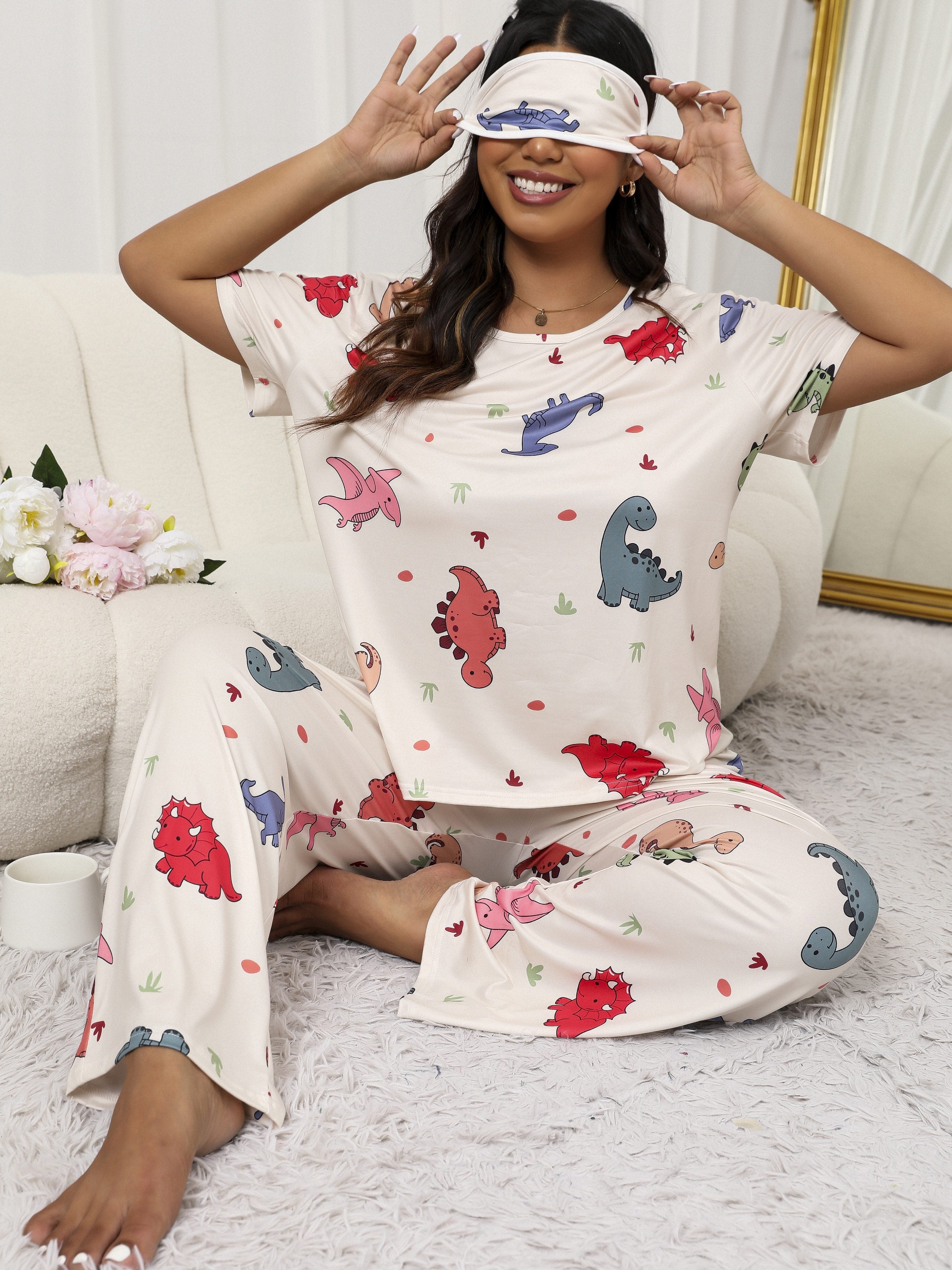 [3pcs Casual Dinosaur Pajama Set] Large Size Pajamas for Women, Casual Short Sleeve Long Pants, Cute Cartoon Dinosaur Print with Eye Mask, 3pcs Pajama Set