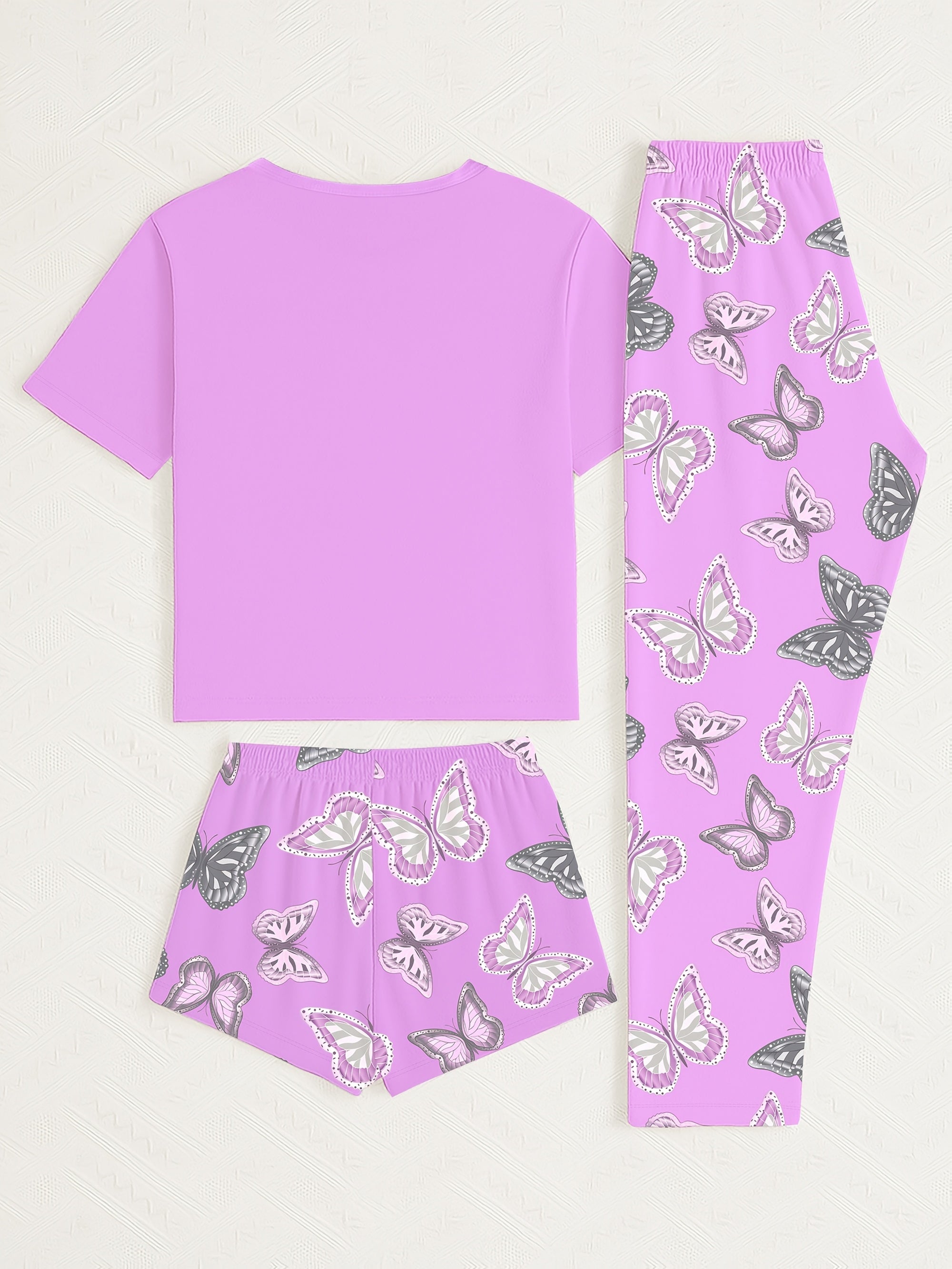 A Three-Piece Women'S Casual Pajama Set Featuring a Butterfly Theme Print, Made from Comfortable Fabric And a Loose Fit to Ensure You Enjoy Every Day. It Includes Beautifully Decorated Butterfly Patterns, Long Pants And Shorts with Elastic Waistbands, a