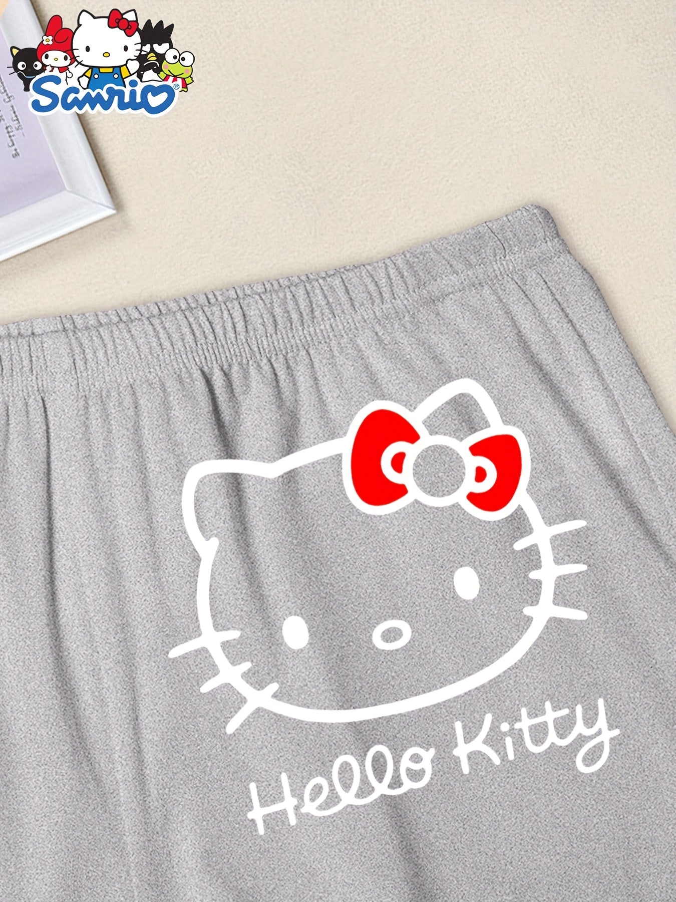 Hello Kitty 3pcs Casual Cartoon Print Pajama Set - Round Neck Knit Polyester with Elastane - Spring/Summer Sleepwear with Bow Detail