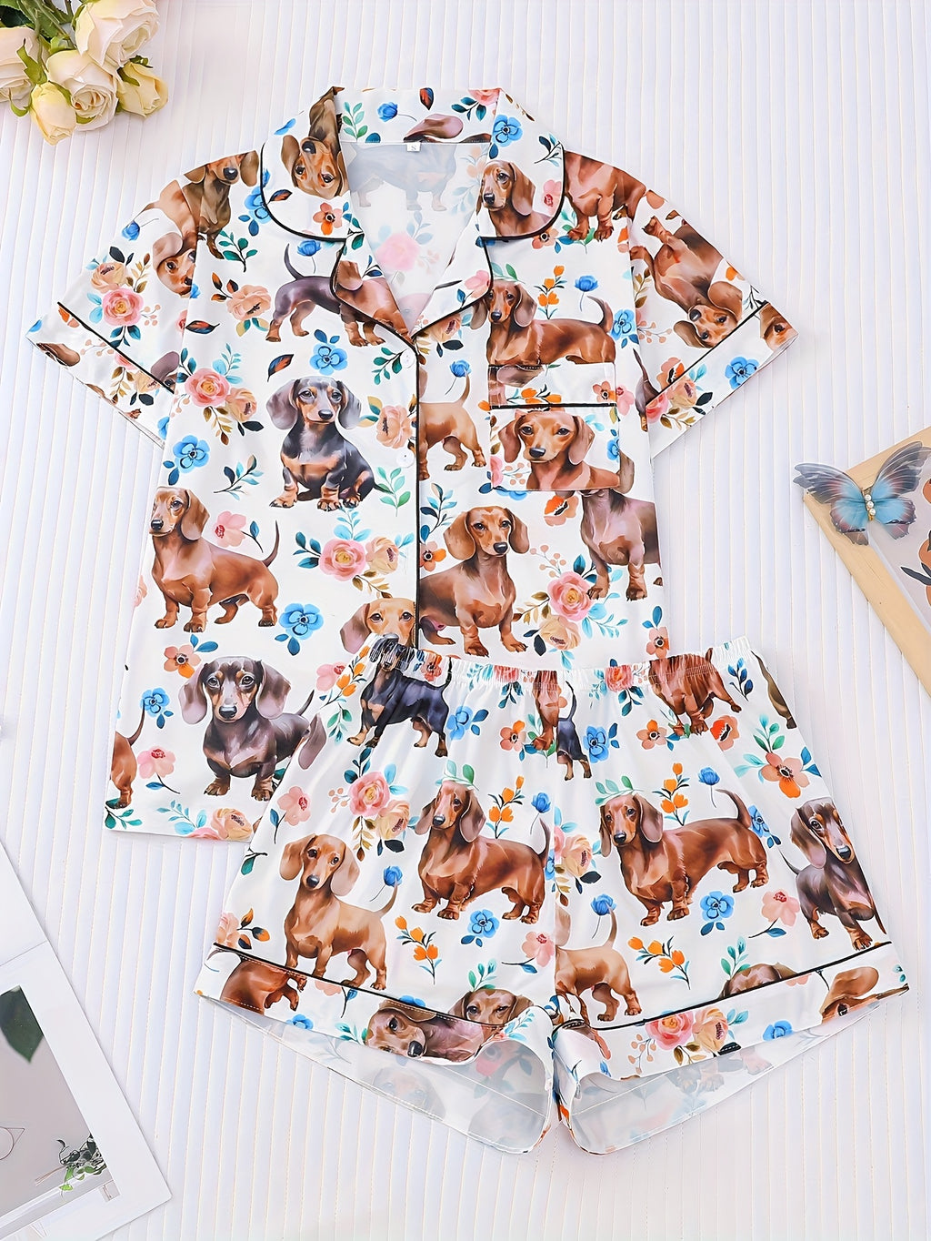 [Cute Pajamas] Comfortable Charming Dachshund Print Women's Pajama Set | Short Sleeve, Button-Up Shirt with Collar & Loose Elastic Shorts - Casual Home Wear