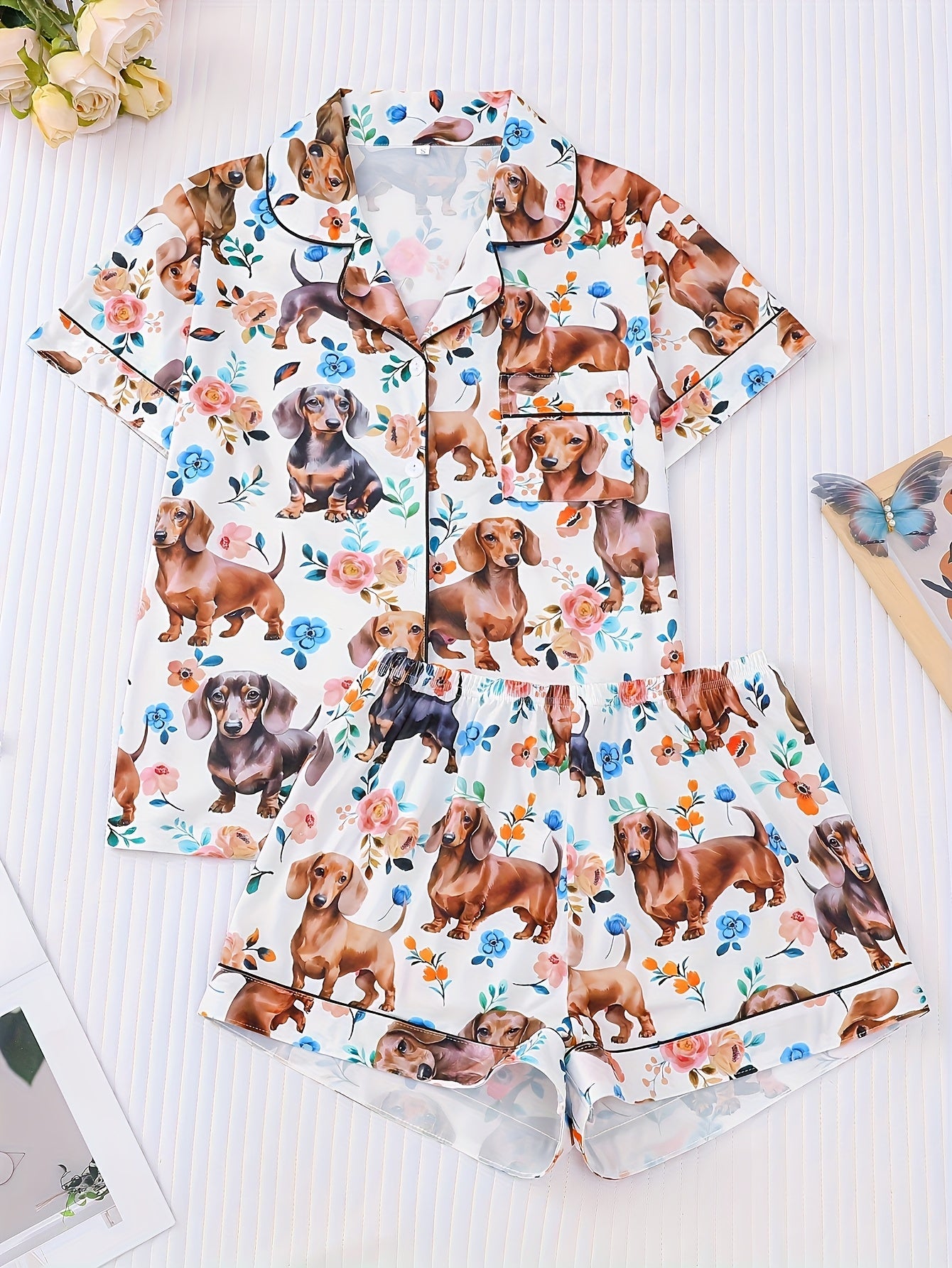 [Cute Pajamas] Comfortable Charming Dachshund Print Women's Pajama Set | Short Sleeve, Button-Up Shirt with Collar & Loose Elastic Shorts - Casual Home Wear