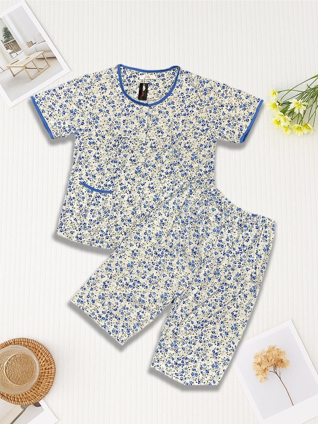 Women's 2pcs Pajama Set, Floral Cotton Blend 2 Piece Sleepwear Button Up Capri Pajama Set, Cozy Sleepwear, Cotton Knit Fabric, Adult Size
