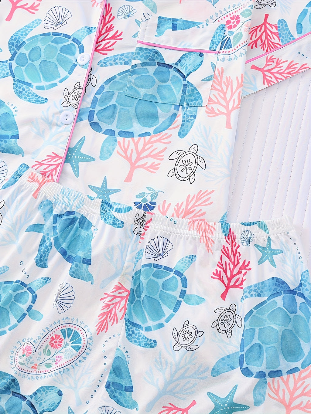[Comfortable Pajama] 2pcs Comfortable Animal Turtle Print Women's Pajama Set | Collared Short Sleeve Shirt and Button-Up Top, Loose Elastic Shorts, Suitable for Casual Outdoor Home Use