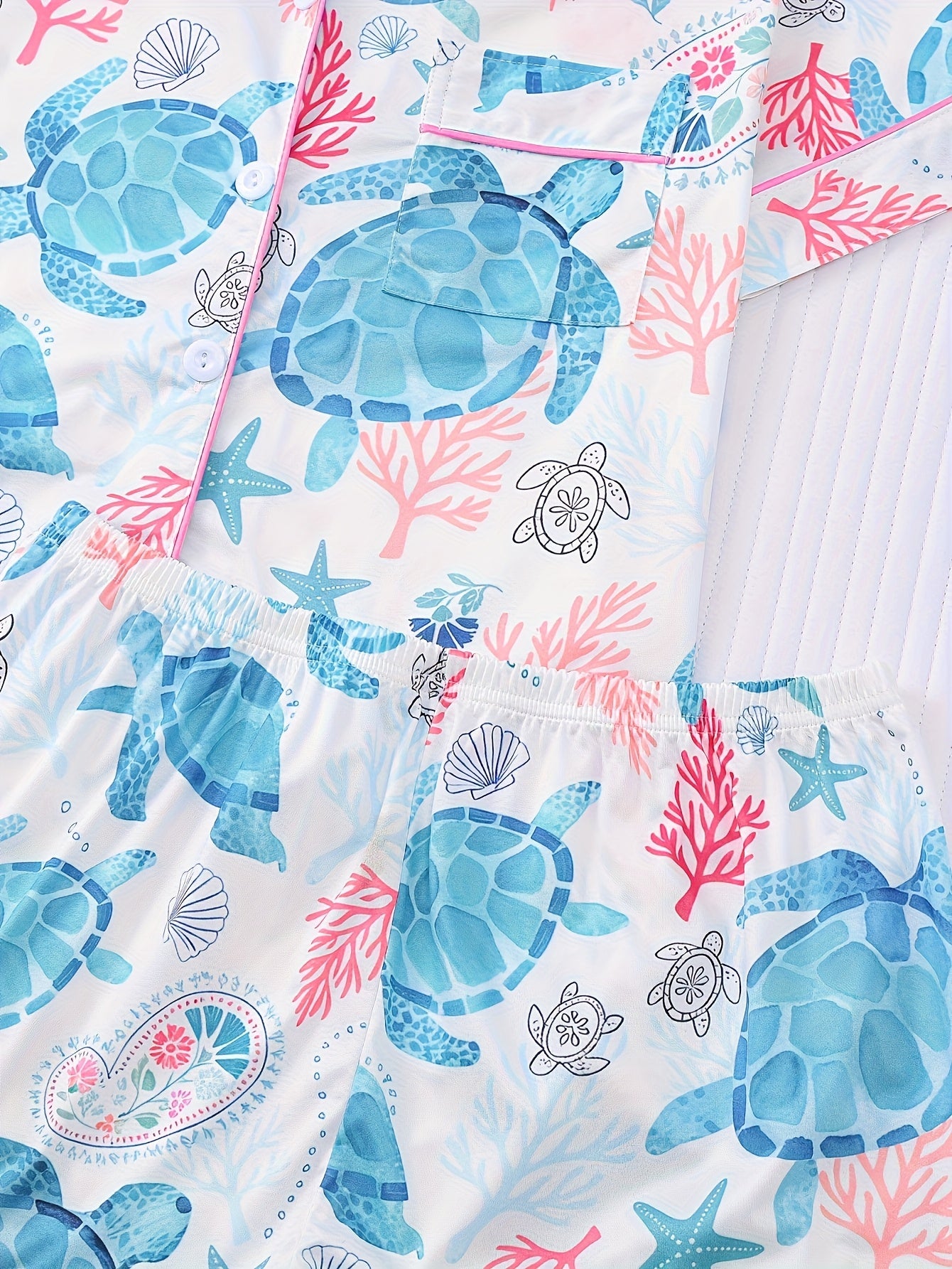 [Comfortable Pajama] 2pcs Comfortable Animal Turtle Print Women's Pajama Set | Collared Short Sleeve Shirt and Button-Up Top, Loose Elastic Shorts, Suitable for Casual Outdoor Home Use