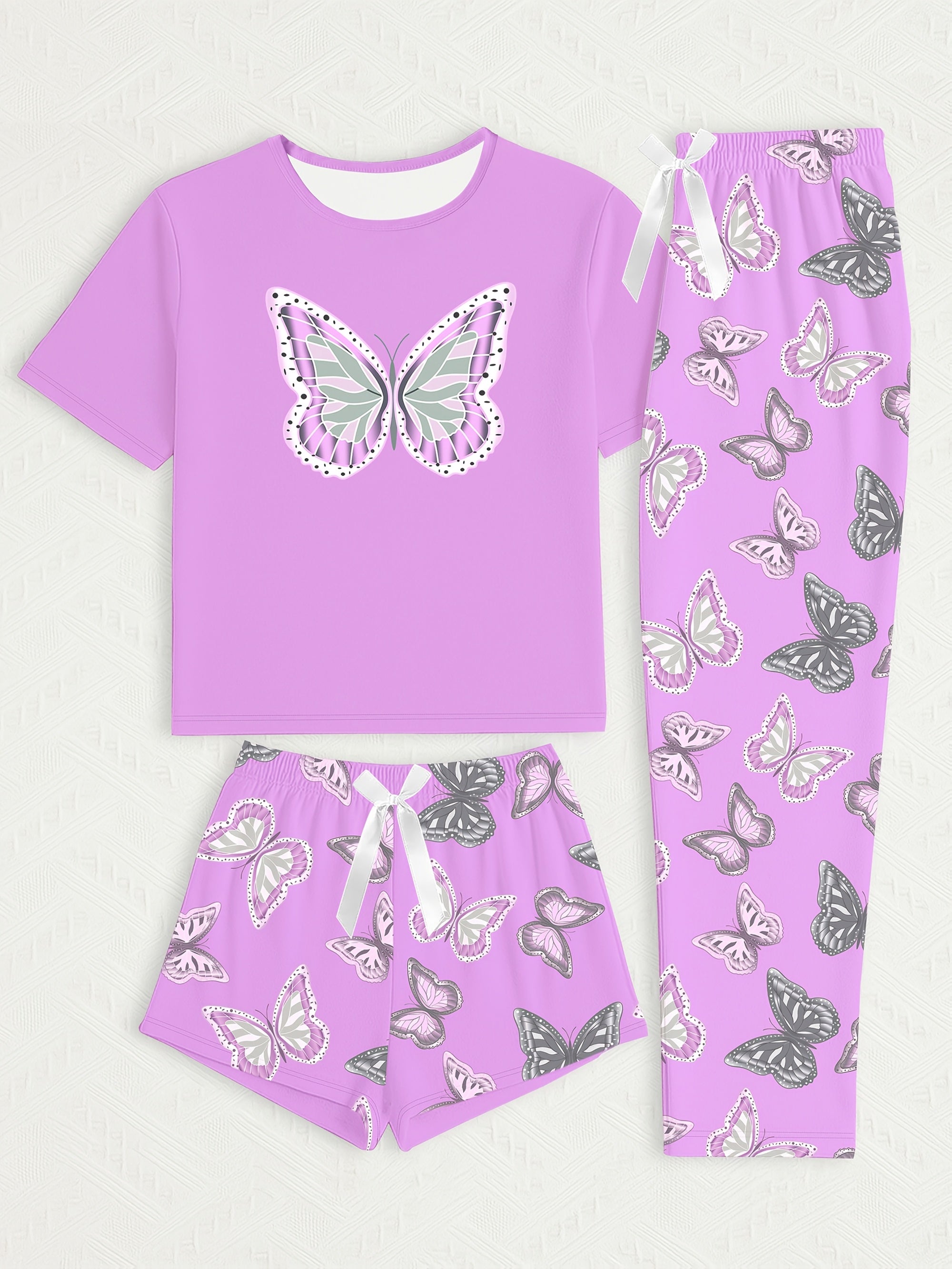 A Three-Piece Women'S Casual Pajama Set Featuring a Butterfly Theme Print, Made from Comfortable Fabric And a Loose Fit to Ensure You Enjoy Every Day. It Includes Beautifully Decorated Butterfly Patterns, Long Pants And Shorts with Elastic Waistbands, a