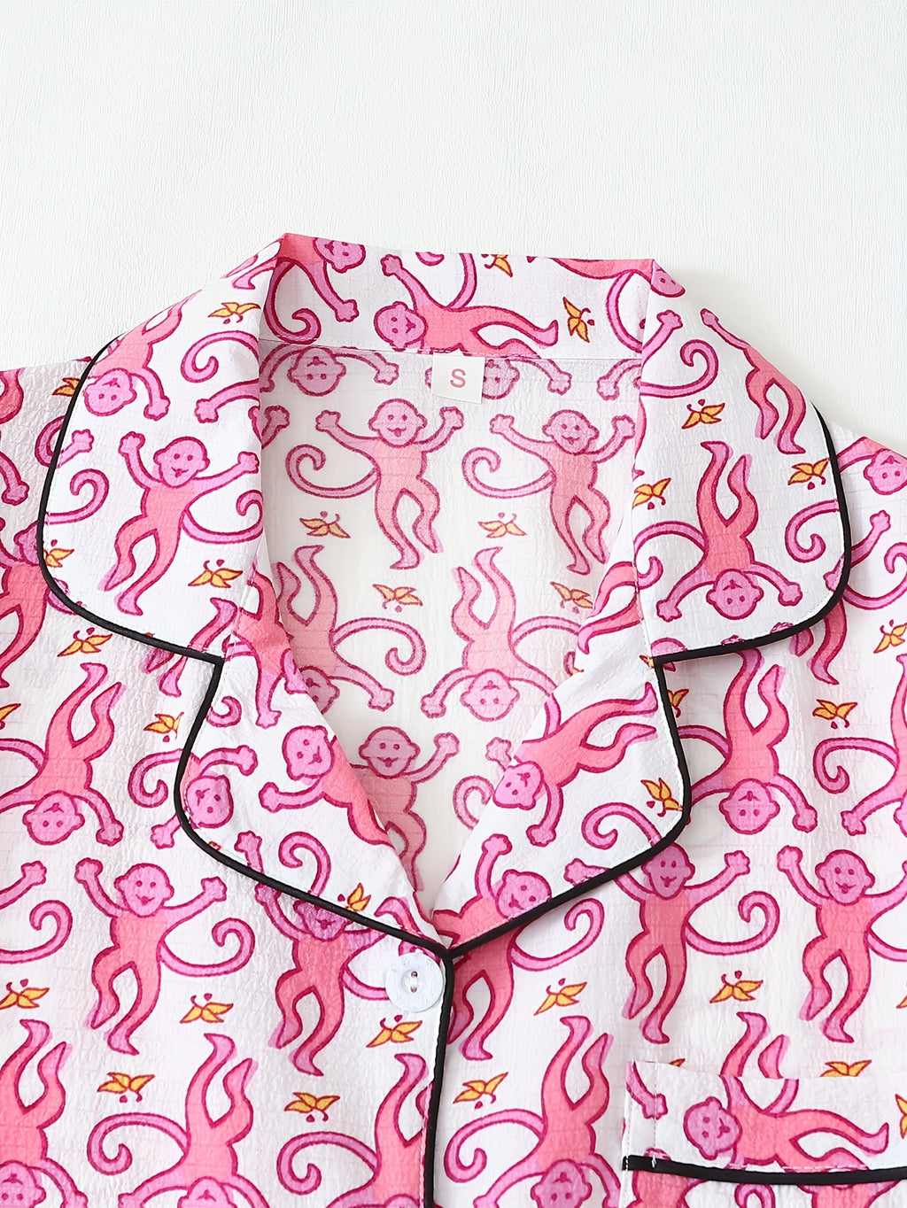 Two-piece spring/summer Women's monkey banana print button-up short-sleeve pocket top and bow shorts pajama set