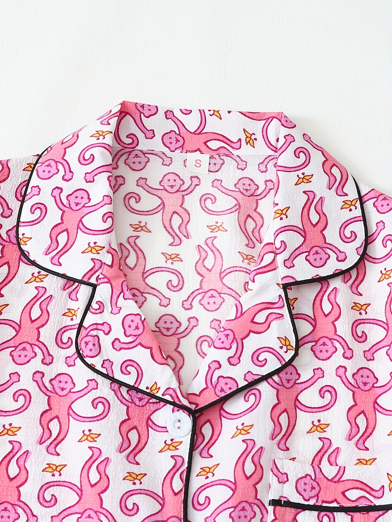 Two-piece spring/summer Women's monkey banana print button-up short-sleeve pocket top and bow shorts pajama set