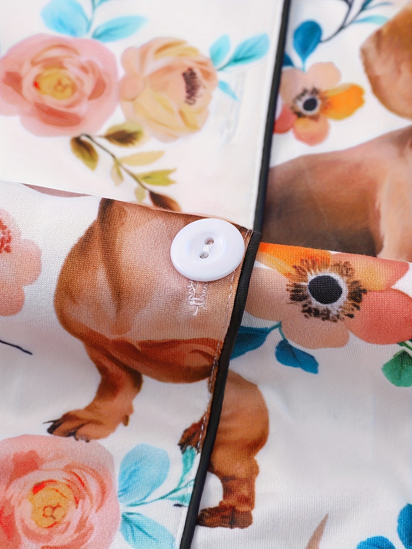 [Cute Pajamas] Comfortable Charming Dachshund Print Women's Pajama Set | Short Sleeve, Button-Up Shirt with Collar & Loose Elastic Shorts - Casual Home Wear