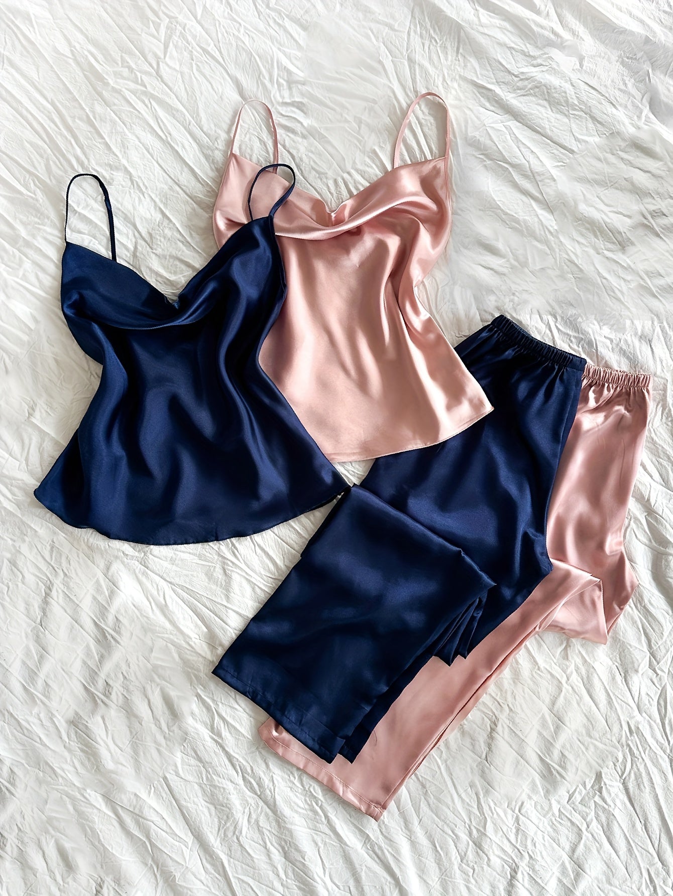 2 Sets Women's Sexy Solid Satin Pajama Set, Cowl Neck Backless Cami Top & Pants, Comfortable Relaxed Fit