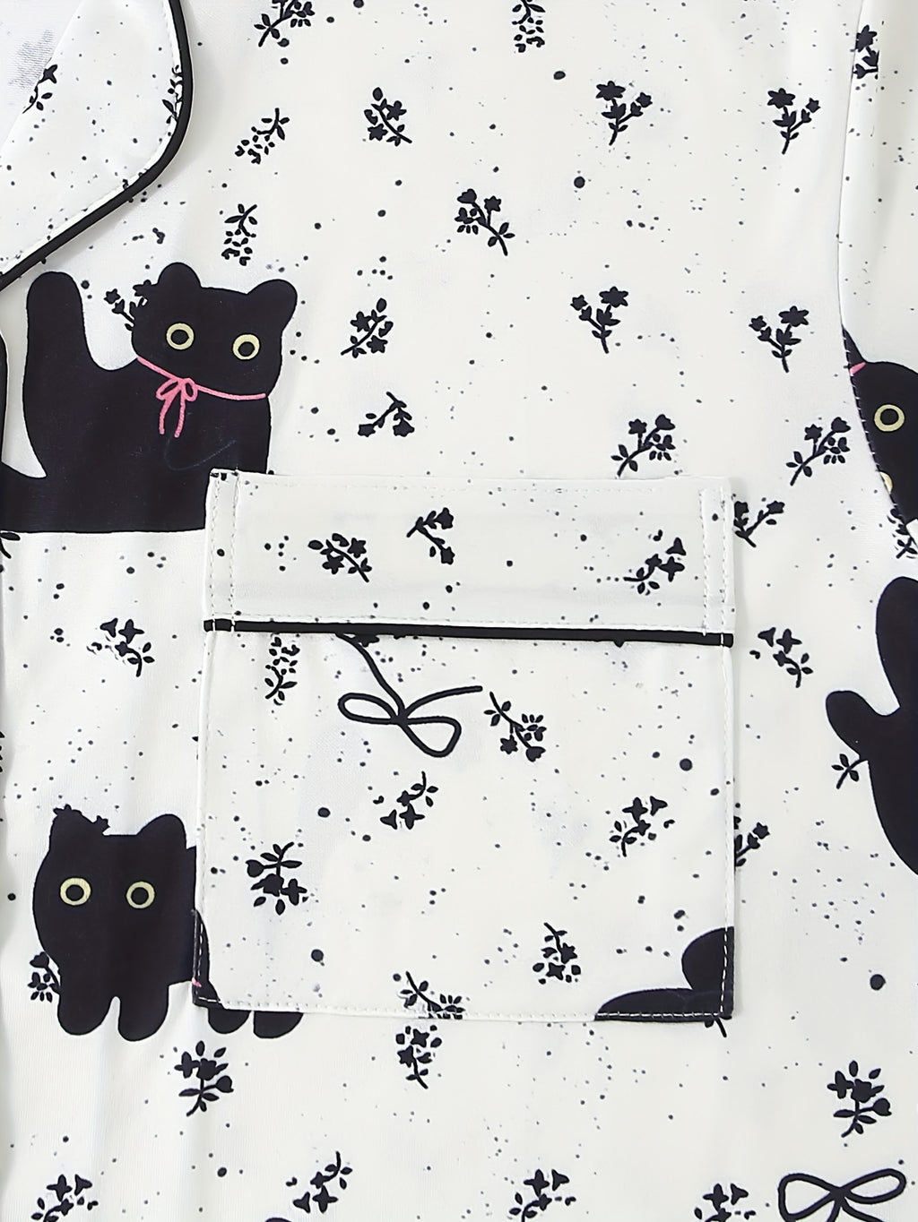 Black Cat Pattern Pajama Set, Top with Pants, Cute Cartoon, Collared with Buttons Loose Comfortable for Home Wear