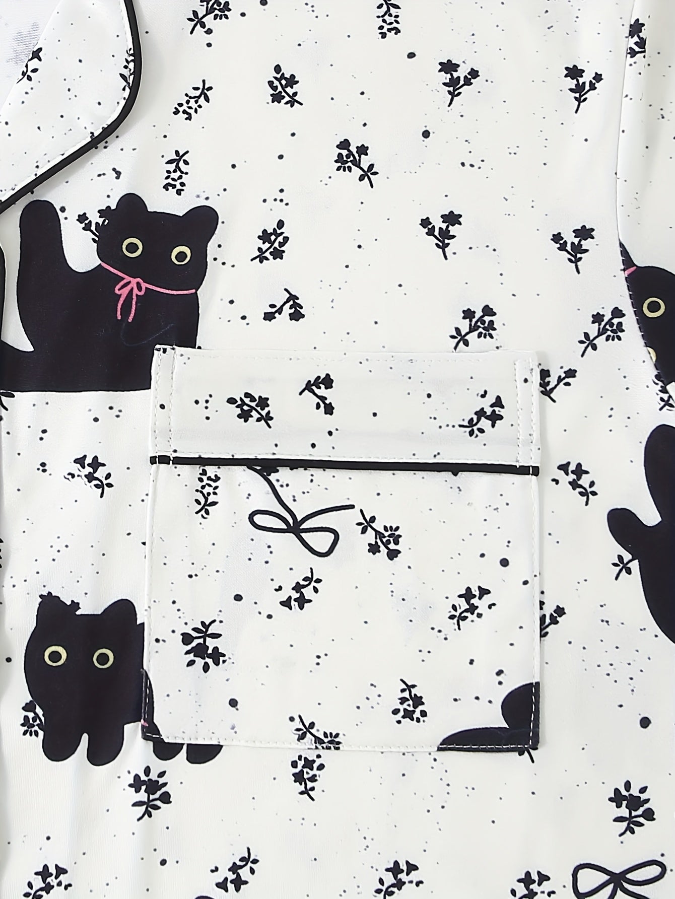 Black Cat Pattern Pajama Set, Top with Pants, Cute Cartoon, Collared with Buttons Loose Comfortable for Home Wear