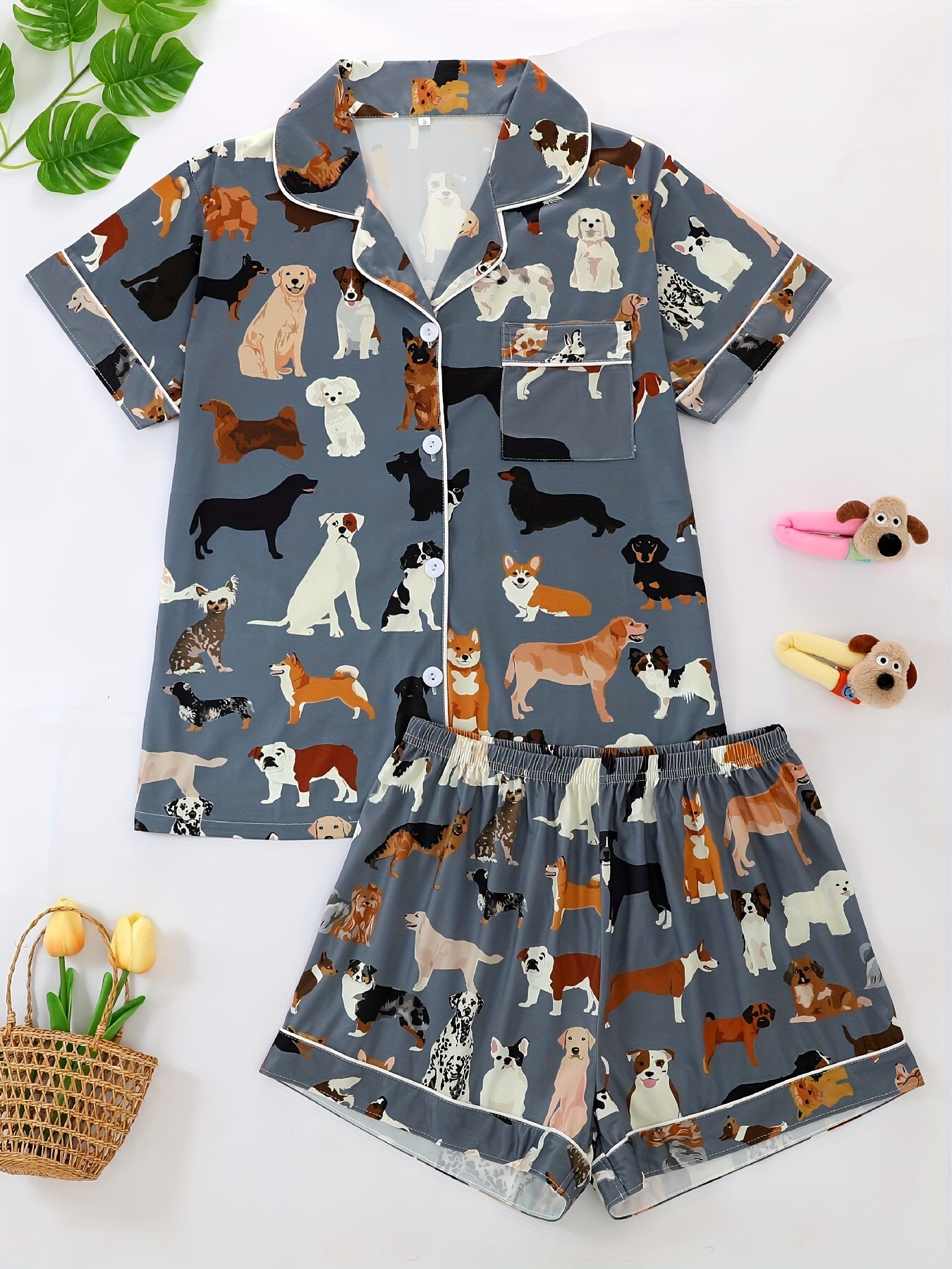 [Dog Print Pajama Set] Polyester Women's Pajama Set | Lapel Short Sleeve Open Front Shirt & Loose Elastic Shorts with Animal Dog Print | Cool Summer Wearable Outdoors, Casual Four-Season Sleepwear and Loungewear Suit