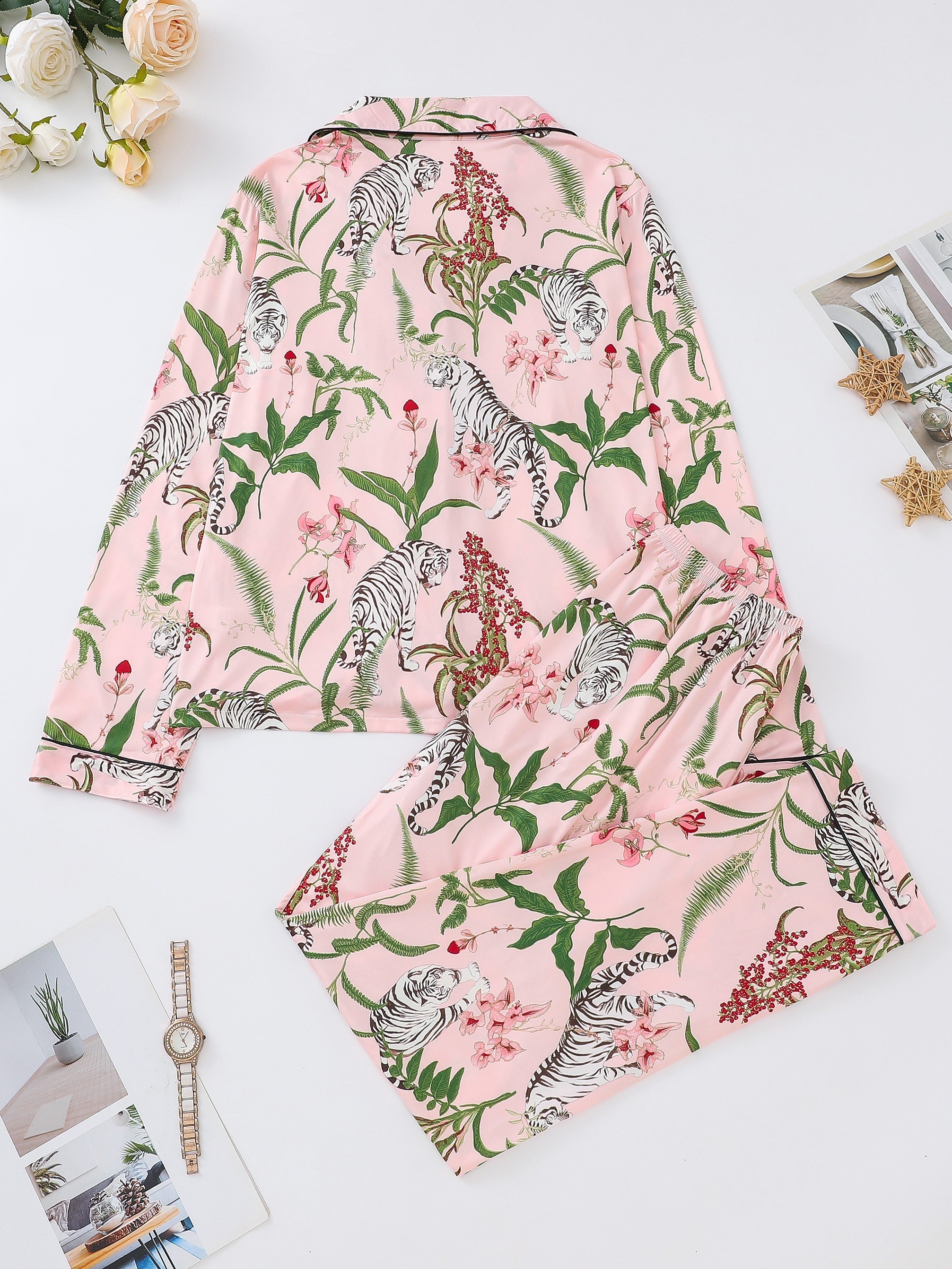 Women's Tiger & Plant Print Casual Pajama Set, Long Sleeve Buttons Lapel Top & Pants, Comfortable Relaxed Fit For Fall