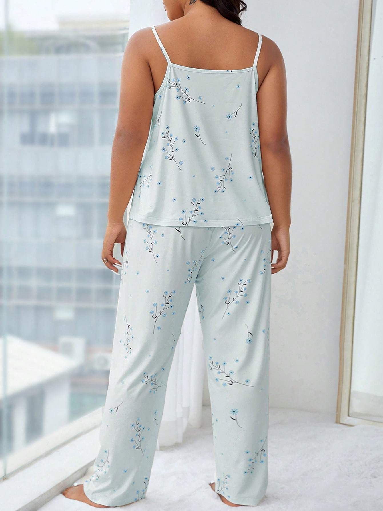 [Plus Size Pajama Set] Plus Size Women's Pajama Set | Casual Comfort Camisole & Wide-Leg Pants with Simple Print Pattern, Suitable for Summer