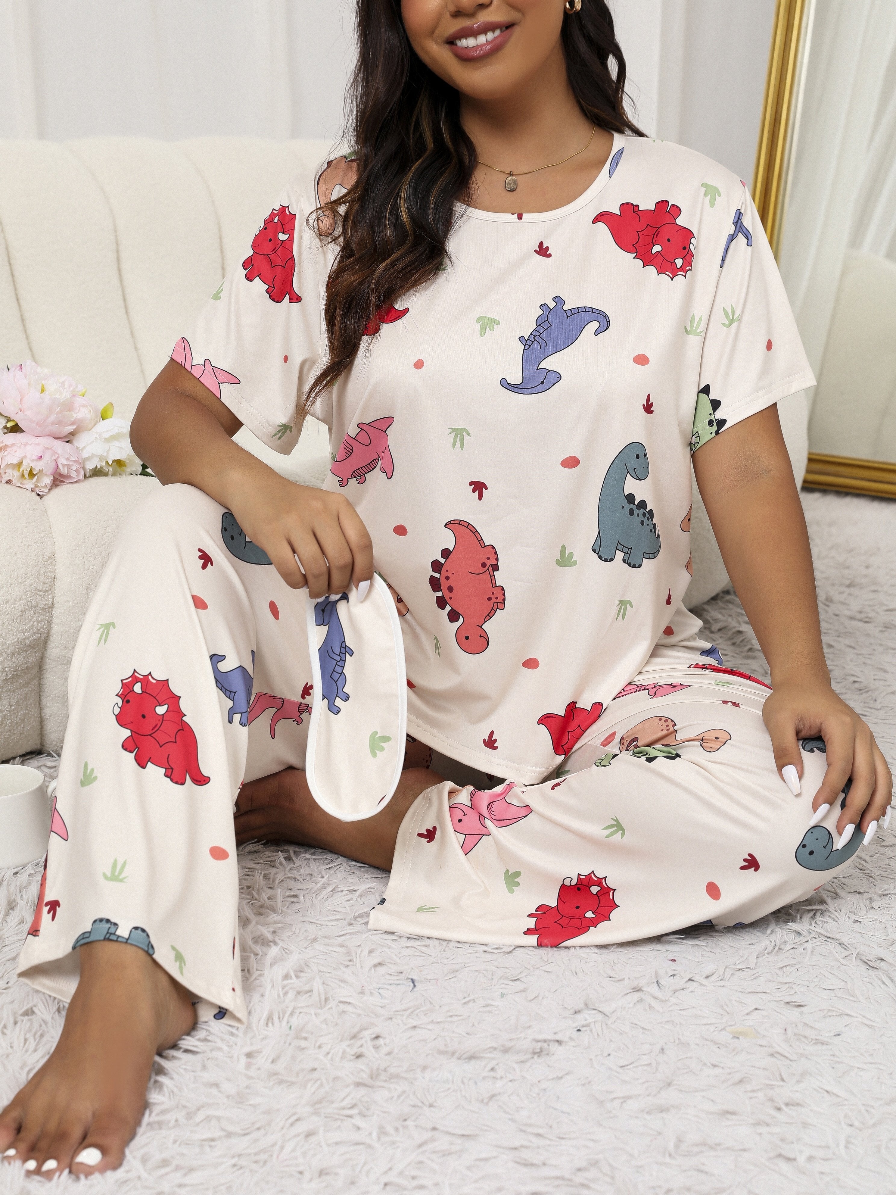 [3pcs Casual Dinosaur Pajama Set] Large Size Pajamas for Women, Casual Short Sleeve Long Pants, Cute Cartoon Dinosaur Print with Eye Mask, 3pcs Pajama Set