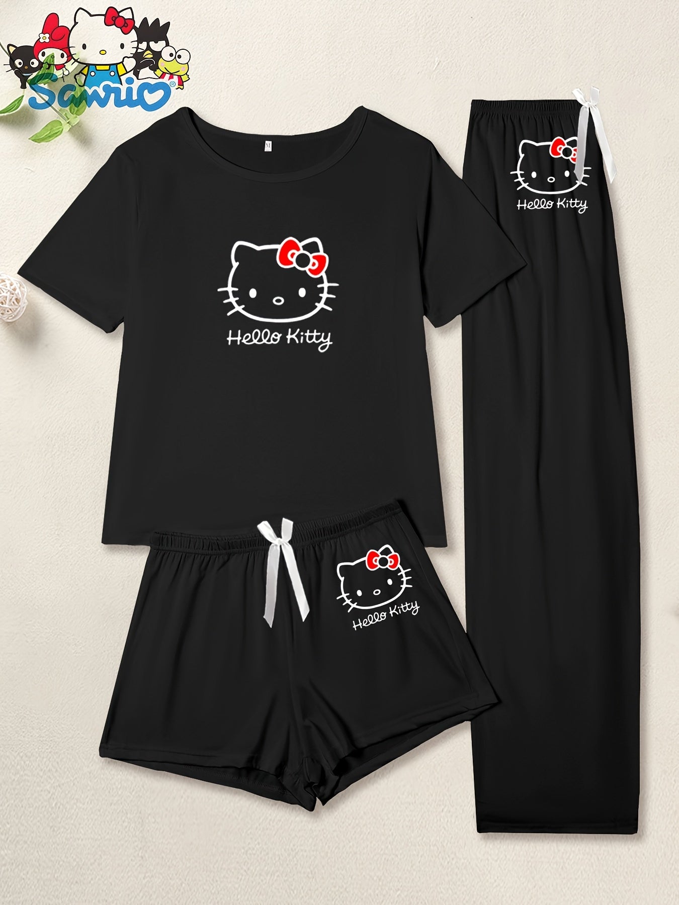 Hello Kitty 3pcs Casual Cartoon Print Pajama Set - Round Neck Knit Polyester with Elastane - Spring/Summer Sleepwear with Bow Detail