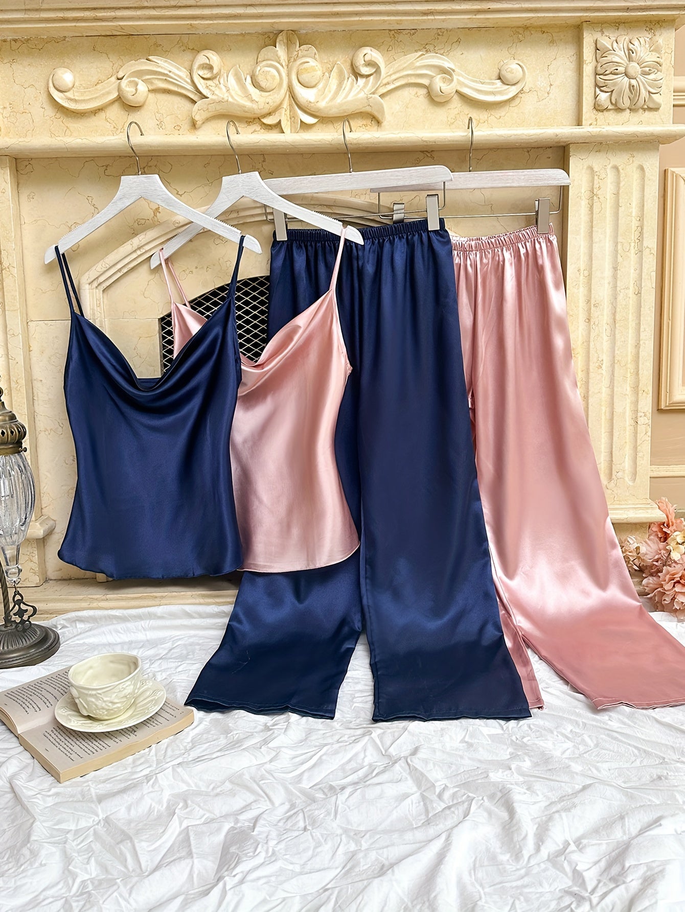2 Sets Women's Sexy Solid Satin Pajama Set, Cowl Neck Backless Cami Top & Pants, Comfortable Relaxed Fit