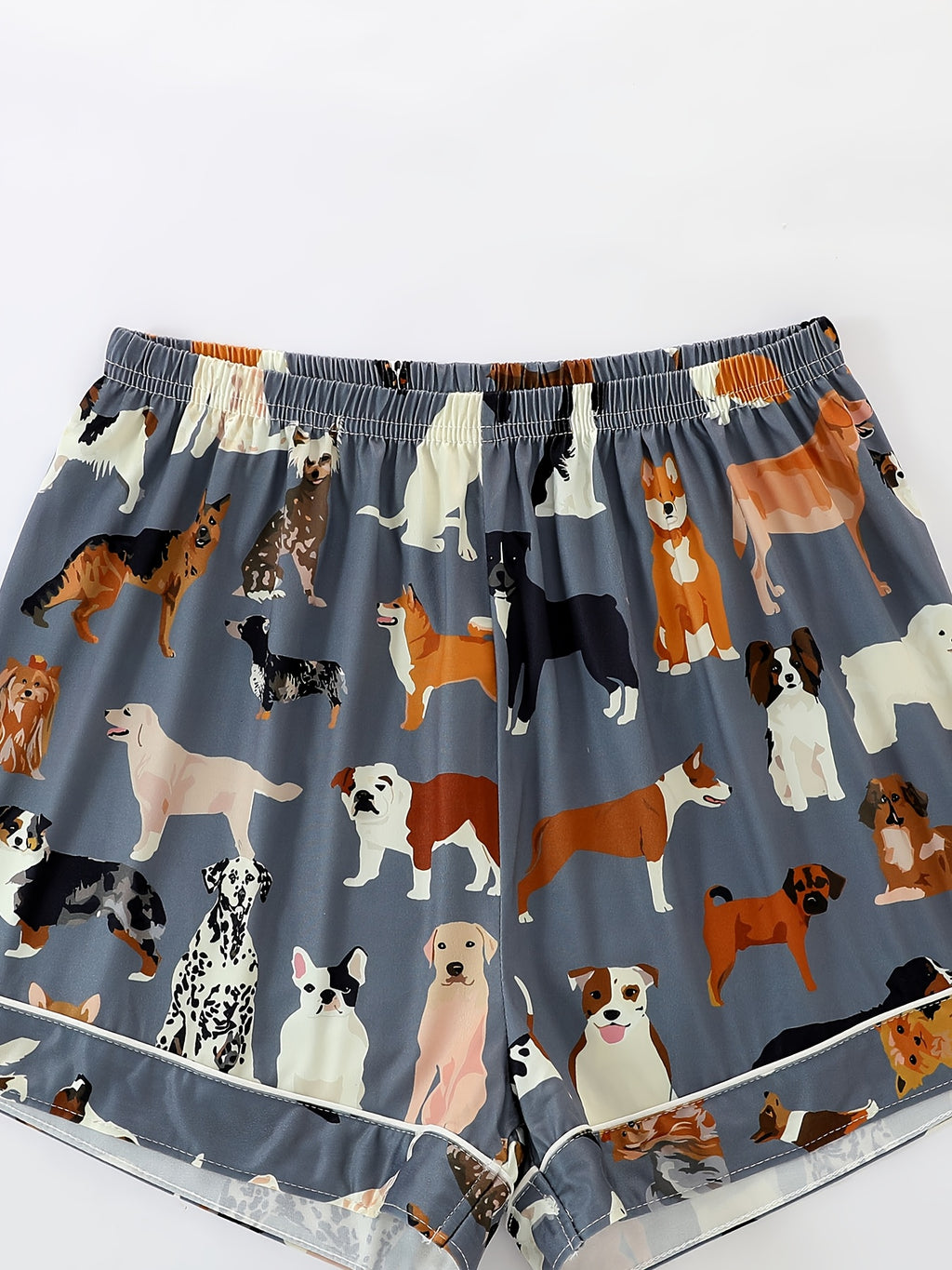 [Dog Print Pajama Set] Polyester Women's Pajama Set | Lapel Short Sleeve Open Front Shirt & Loose Elastic Shorts with Animal Dog Print | Cool Summer Wearable Outdoors, Casual Four-Season Sleepwear and Loungewear Suit