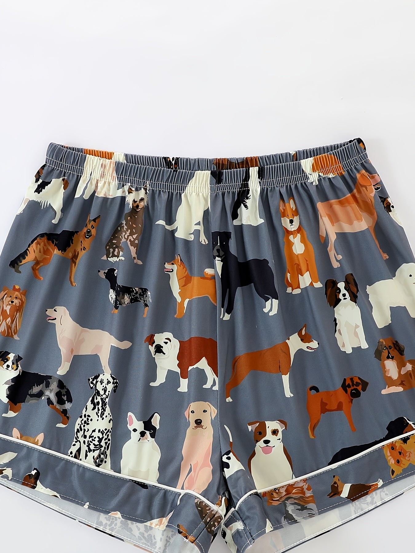 [Dog Print Pajama Set] Polyester Women's Pajama Set | Lapel Short Sleeve Open Front Shirt & Loose Elastic Shorts with Animal Dog Print | Cool Summer Wearable Outdoors, Casual Four-Season Sleepwear and Loungewear Suit