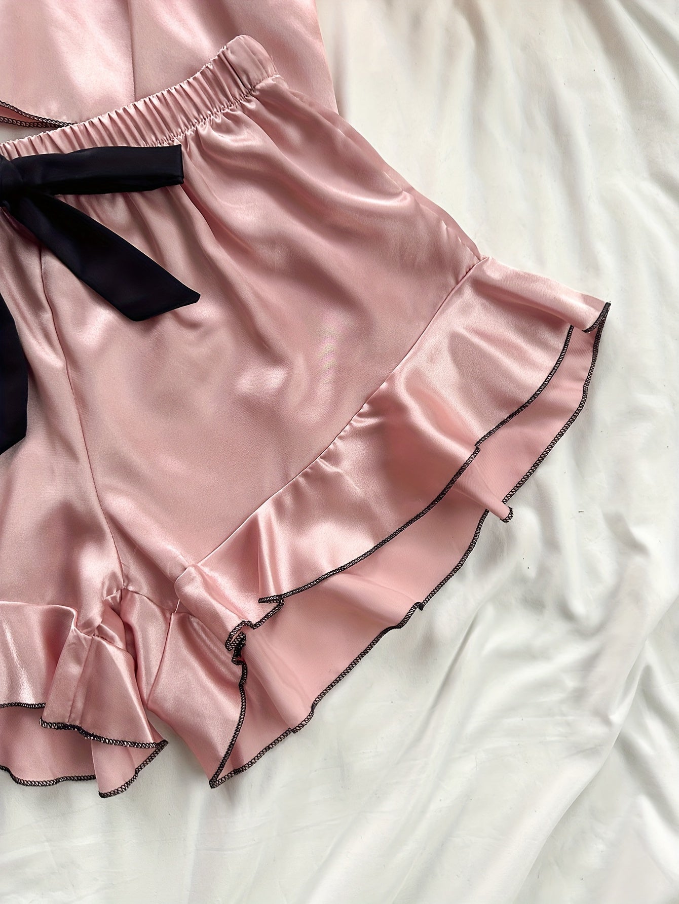 Women's Four Seasons Solid Color Cute Bow Design Suspender Shorts Pajama Set Four Pieces for Valentine's Day