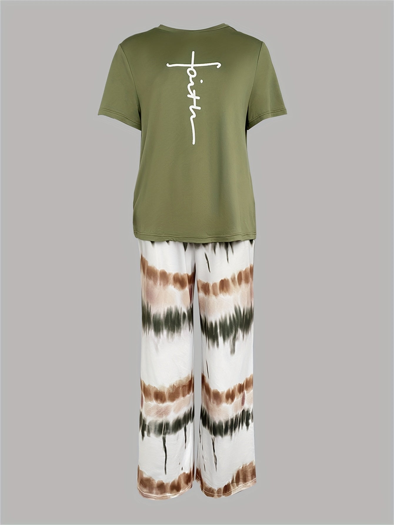 2pcs Printed Round Neck Short Sleeve Set, Gradient Printed Loose Pants, Women's Summer Pajama Set, Breathable Pure Home Clothing Two-piece Set.