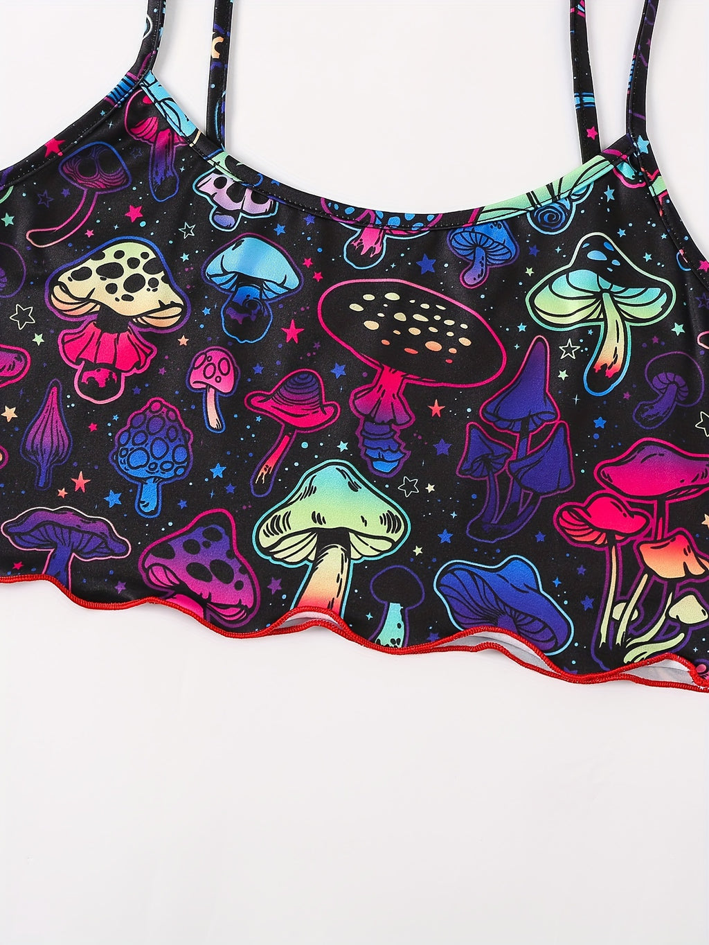 Vibrant Mushroom Print Pajama Set for Women - Relaxed Fit, Round Neck, Backless Crop Cami Top, Shorts, Soft Fabric, Breathable, Comfortable, Sexy, Sleepwear for a Good Night's Rest