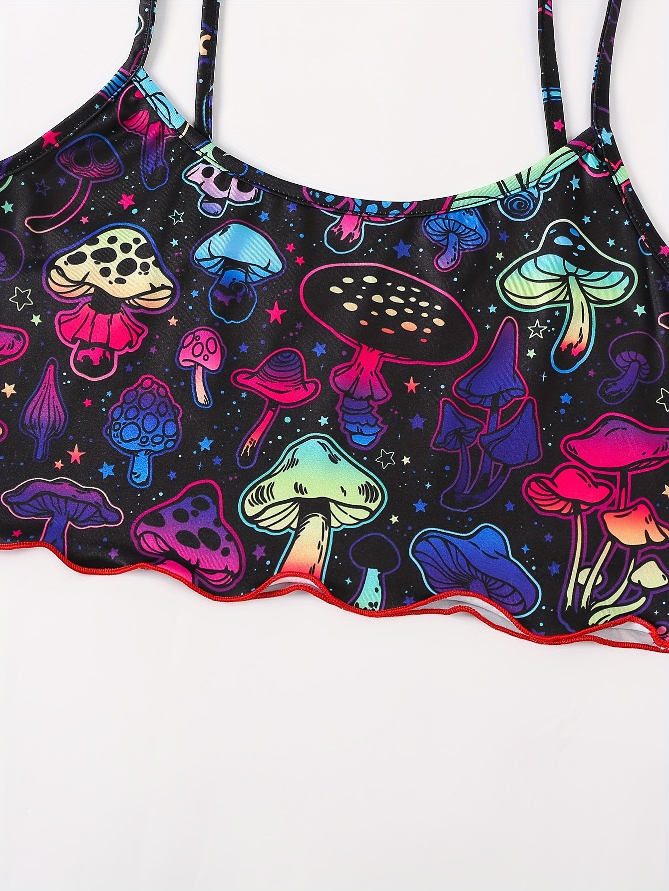 Vibrant Mushroom Print Pajama Set for Women - Relaxed Fit, Round Neck, Backless Crop Cami Top, Shorts, Soft Fabric, Breathable, Comfortable, Sexy, Sleepwear for a Good Night's Rest