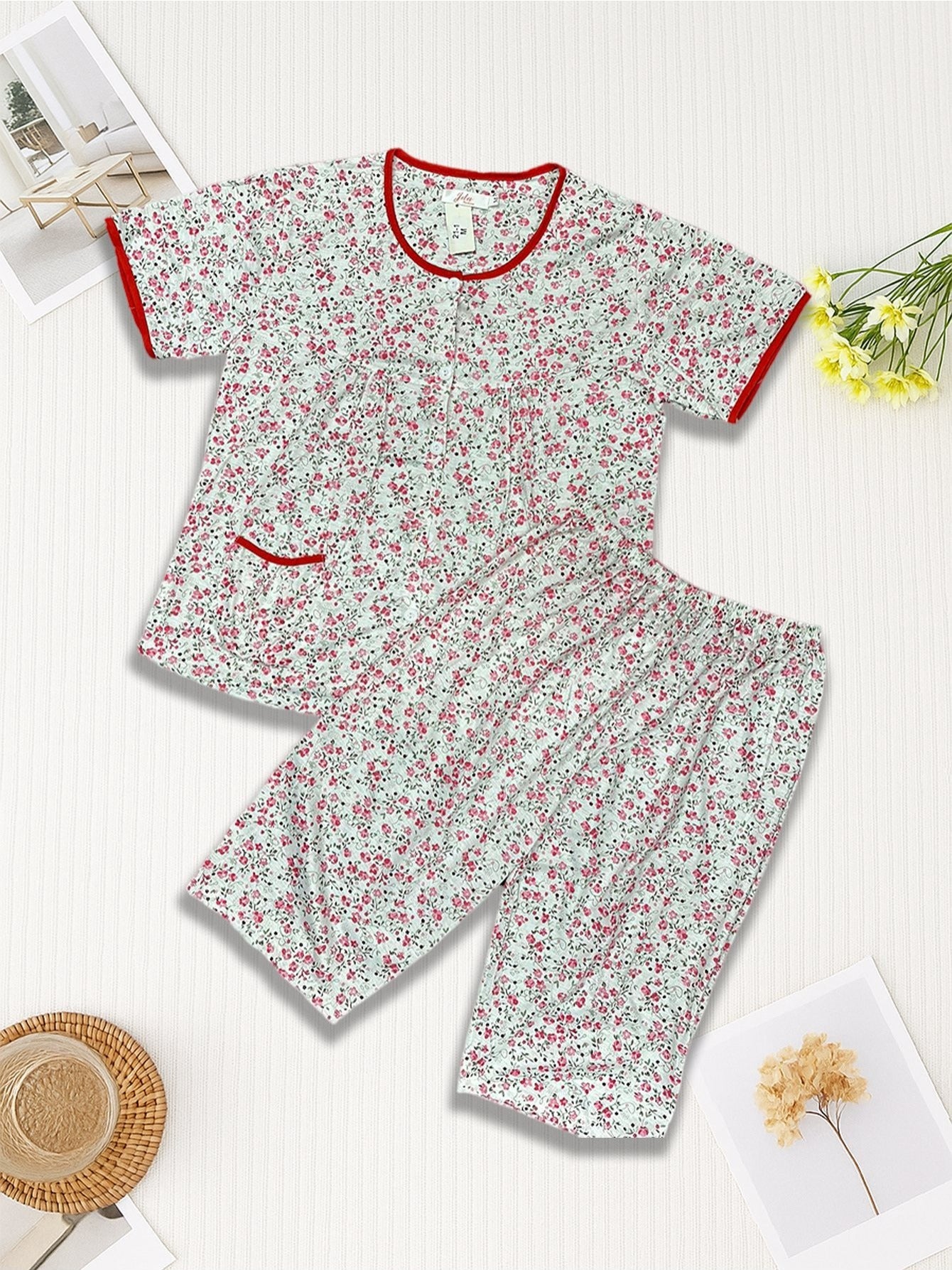 Women's 2pcs Pajama Set, Floral Cotton Blend 2 Piece Sleepwear Button Up Capri Pajama Set, Cozy Sleepwear, Cotton Knit Fabric, Adult Size