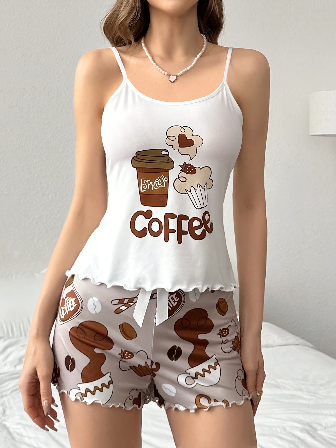 Women'S Coffee-Themed Camisole Pajama Set with Bow Belt, Cute Cartoon Print, Loose Fit and Elastic Waistband, Perfect for Sleepwear, Machine Washable & Dry Cleanable